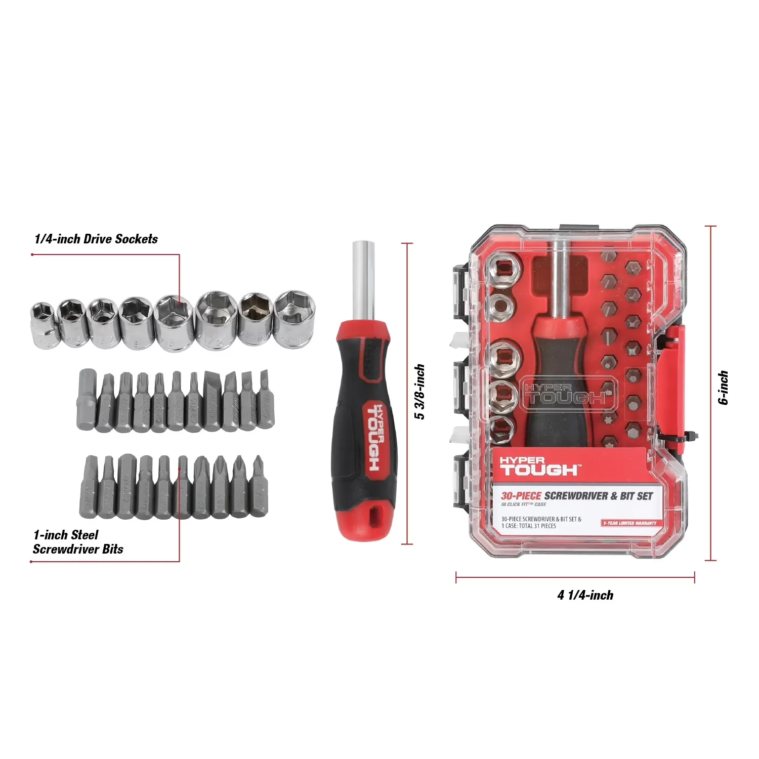 Quality Hand Tool Set with Heavy-Duty - Red Steel 30 - Commercial Quality Model BAD048