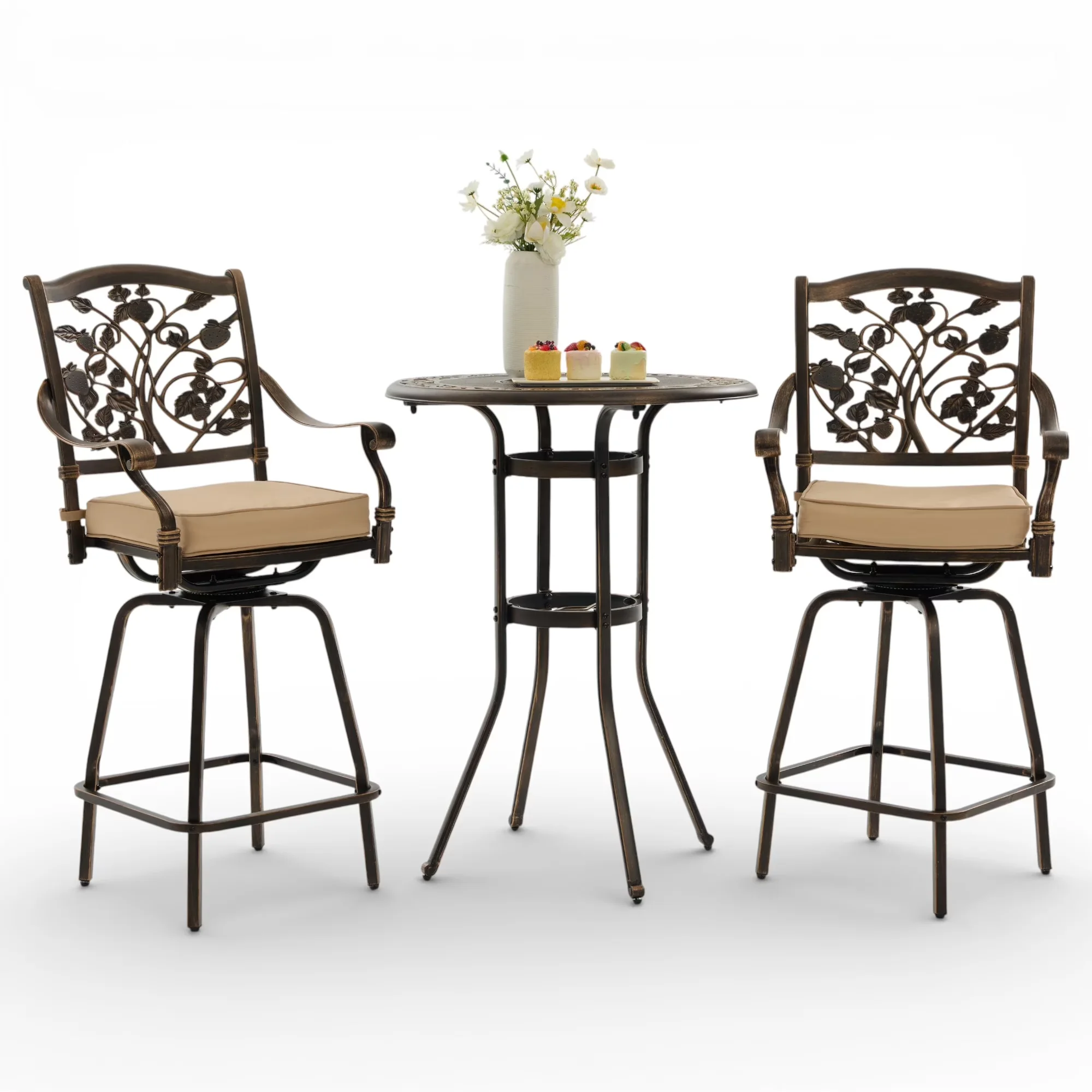 Durable Patio Dining Set with Weatherproof, Cushions and 31.5-Inch High Top Table, Cast Aluminum Swivel Bar Stools for Small - Model 676ED9