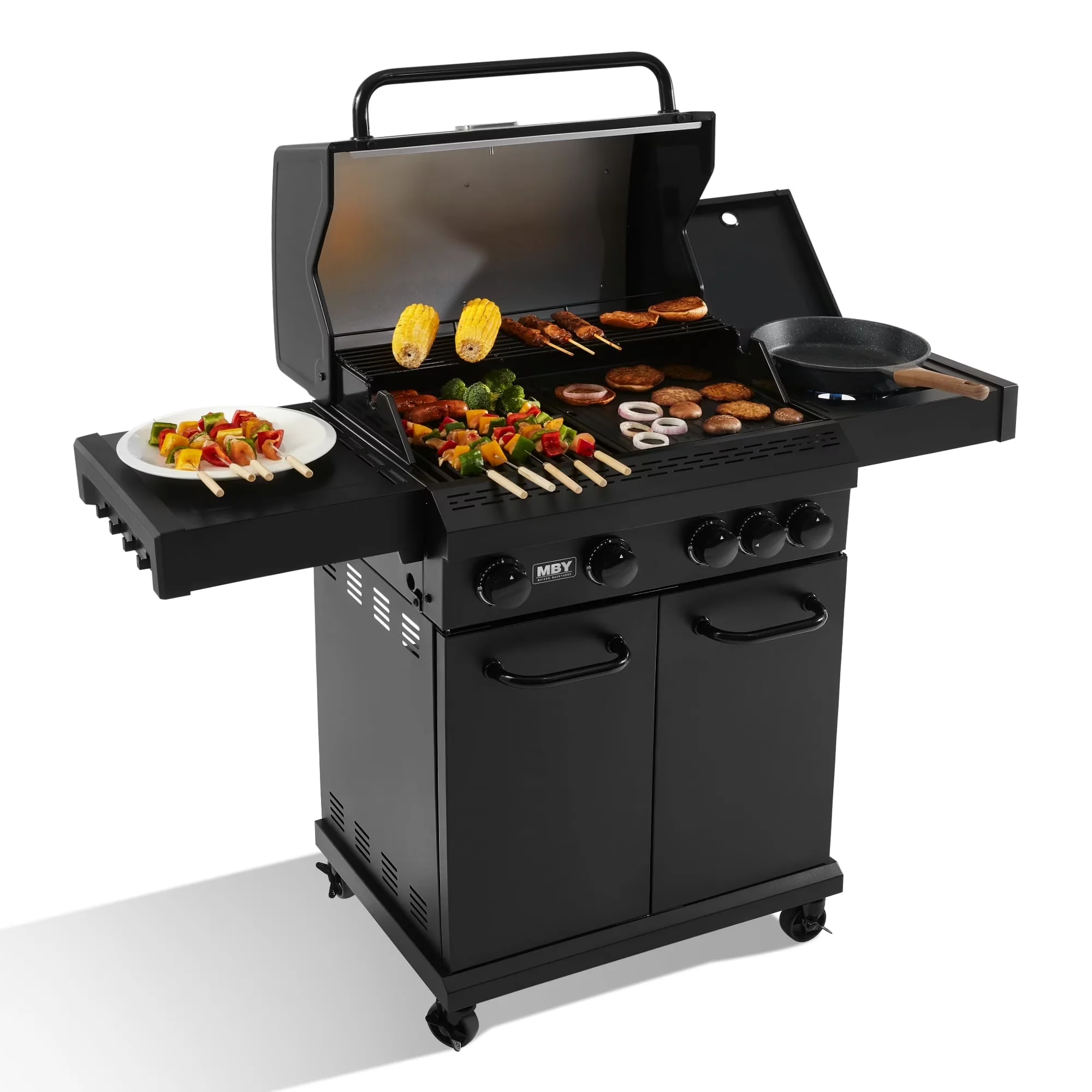 Sleek Flat Top Grill with 50000 BTU, Warming Rack, Cast Iron Grates and Griddle - Black Alloy Steel Model 6FBF8B