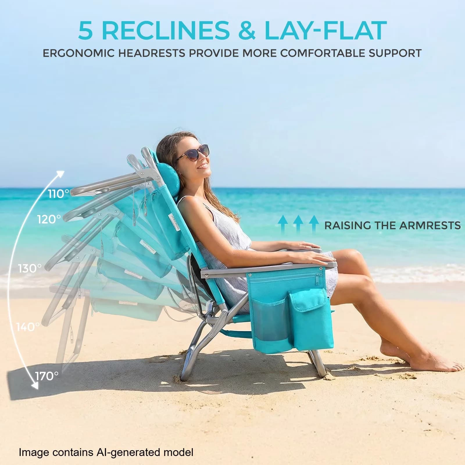 Premium Beach Chair with Folding, Wide 25" Foldable, 5-Position Lay Flat & Headrest - Blue Model DD9160
