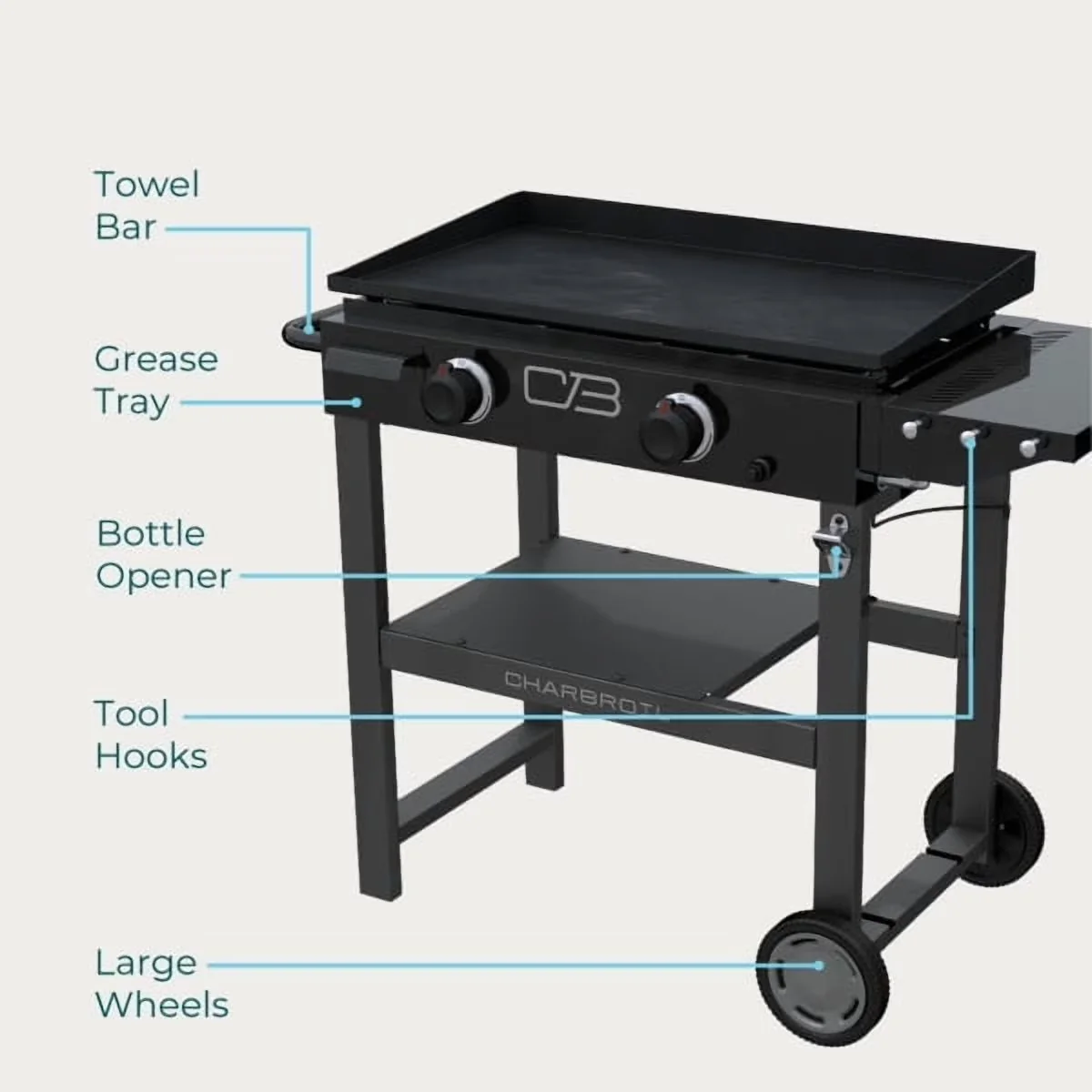 Reliable Flat Top Grill with Storage Rack, Tool Holder, Grease Pan - Black Heavy Duty Steel Model 58082A