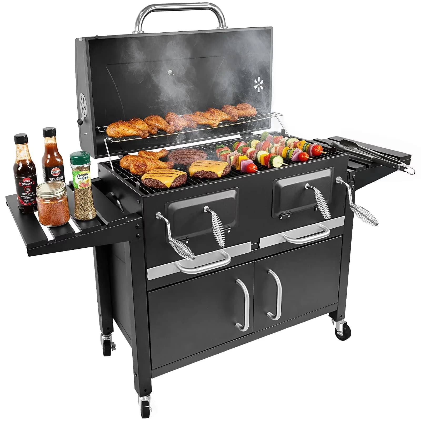 Versatile Charcoal Grill with Portable, Oversized Cooking Space, 4 Wheels & Side Tables - Black Iron Model 1D85CA