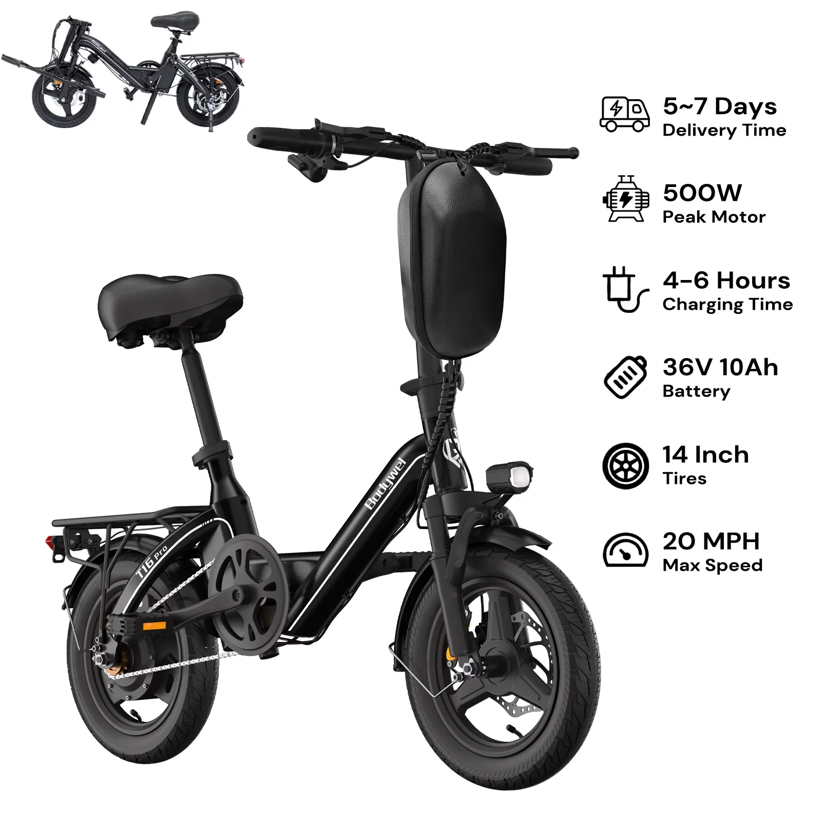 Electric Bike Premium with Battery, 500W, 36V - Black - Compact and Portable Model FA5D76
