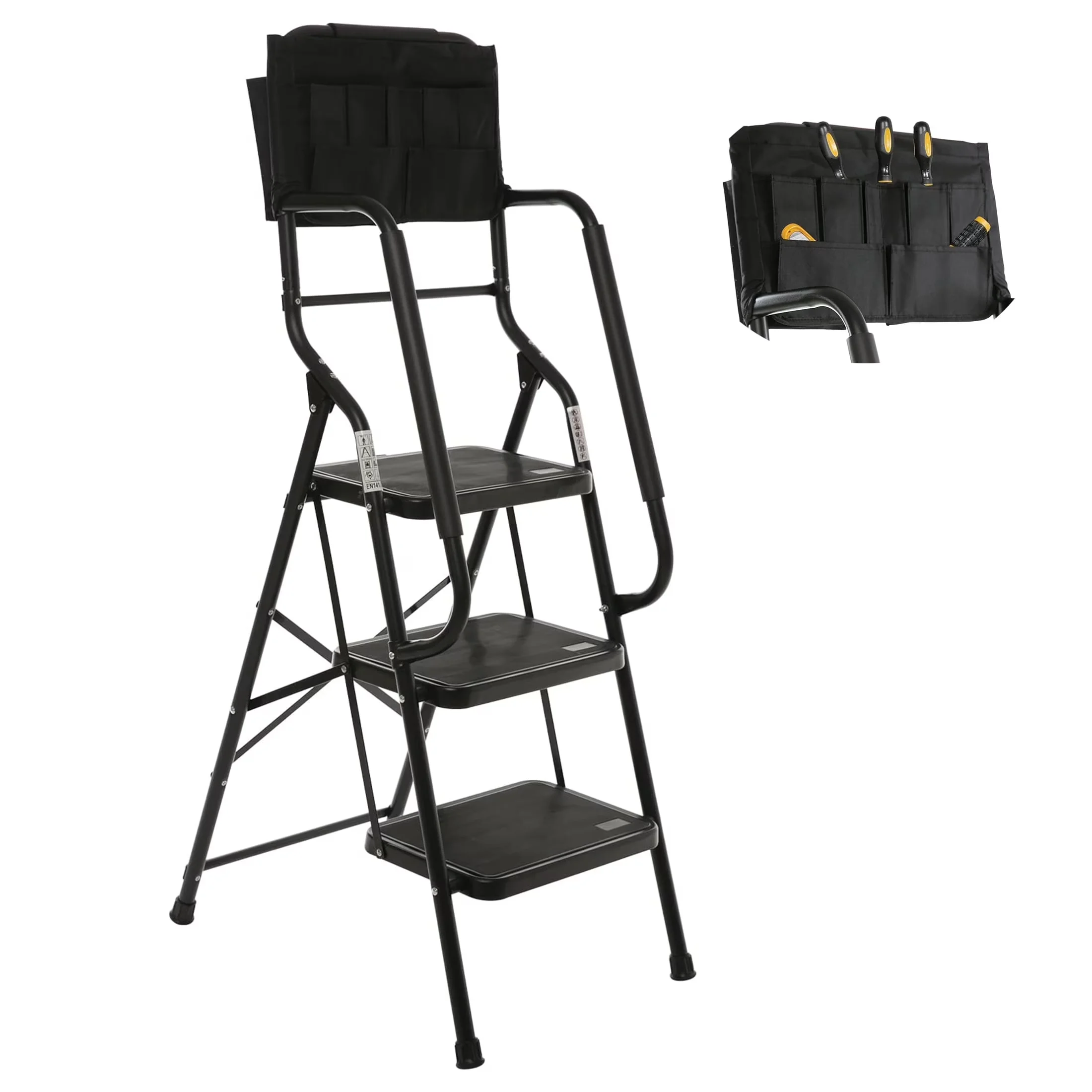 Durable Ladders And Step Stool with Child Lock, Heavy Duty Portable Safety Ladder, Handrails & Tool Bag - Black Metal for Home, Kitchen Model 55DEA7