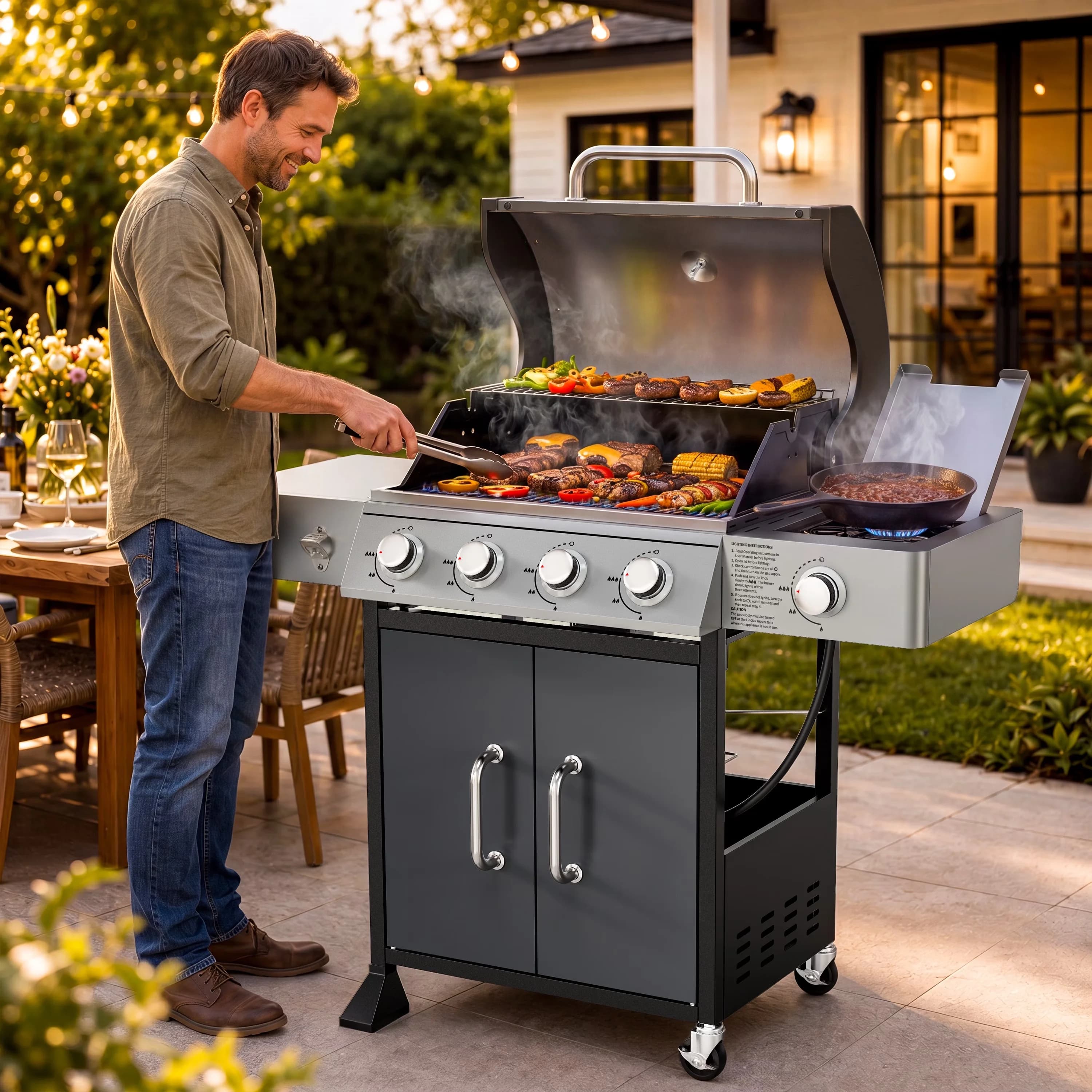 Professional Gas Grill with 51000 BTU, Heat Thermometer, Warming Rack - Stainless Steel, Iron Gray Model 7B2E26