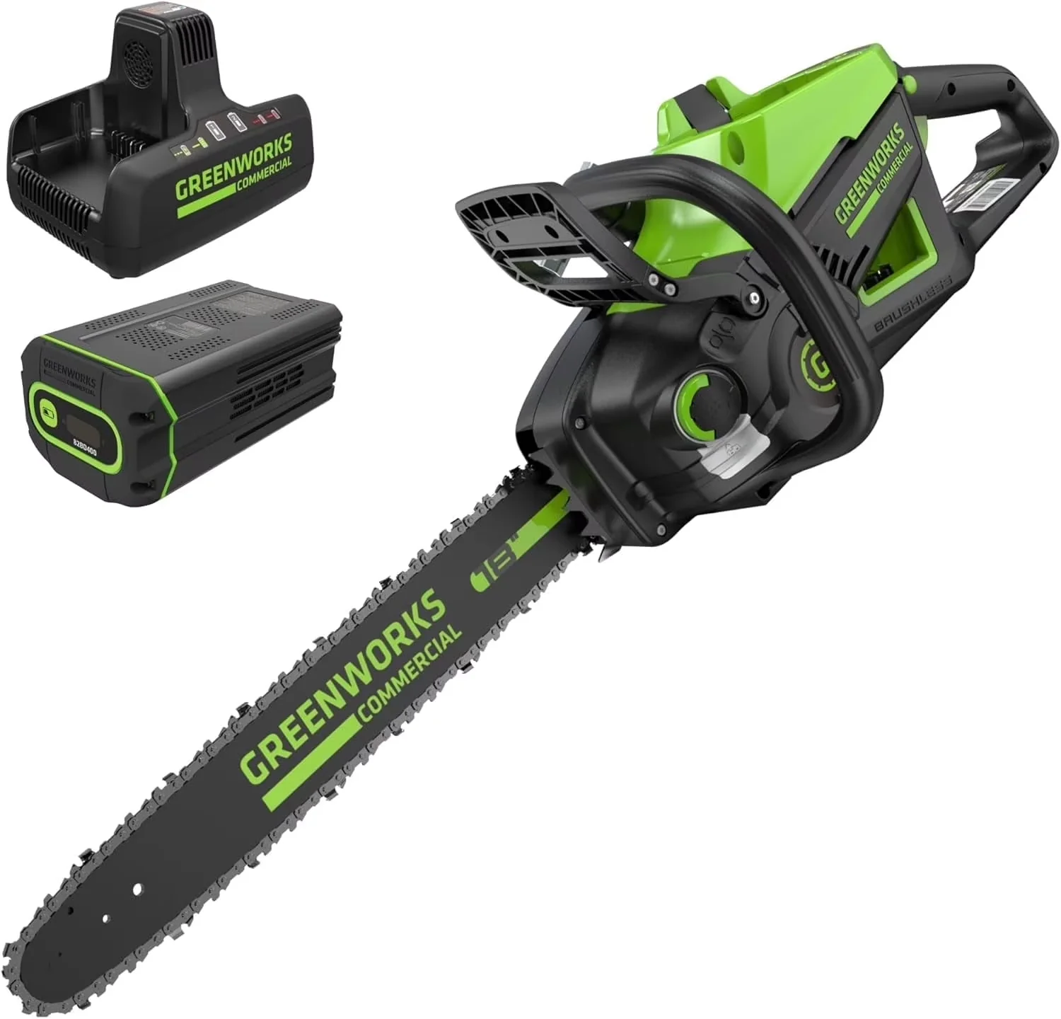 Efficient Chainsaw with Battery, 82V, Automatic Chain Oiler - Green - Space-Saving Design Model 747E12