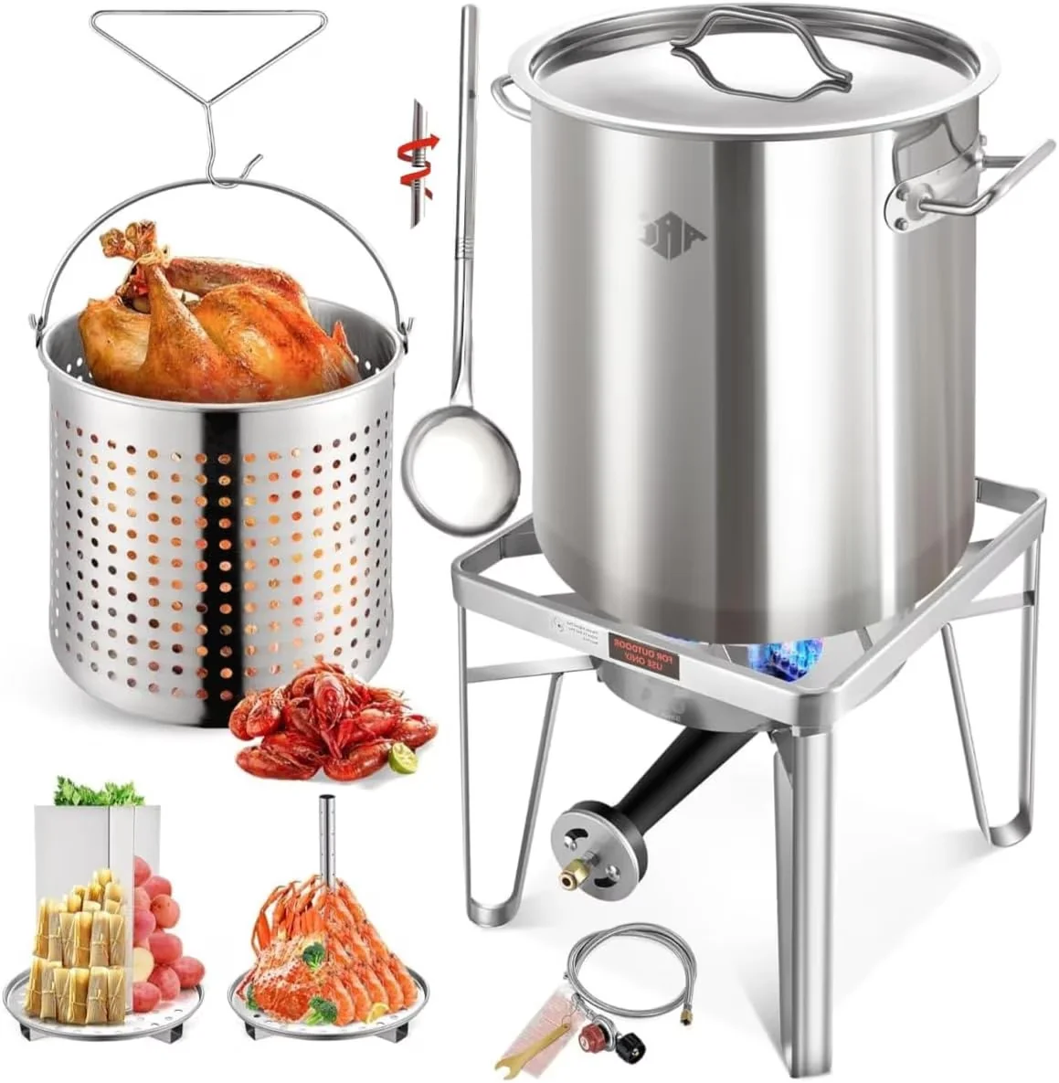 Versatile Outdoor Fryer with Propane Burners Kit, Tamale Steamer Pot, Steamer Rack - Stainless Steel Model C13D2A