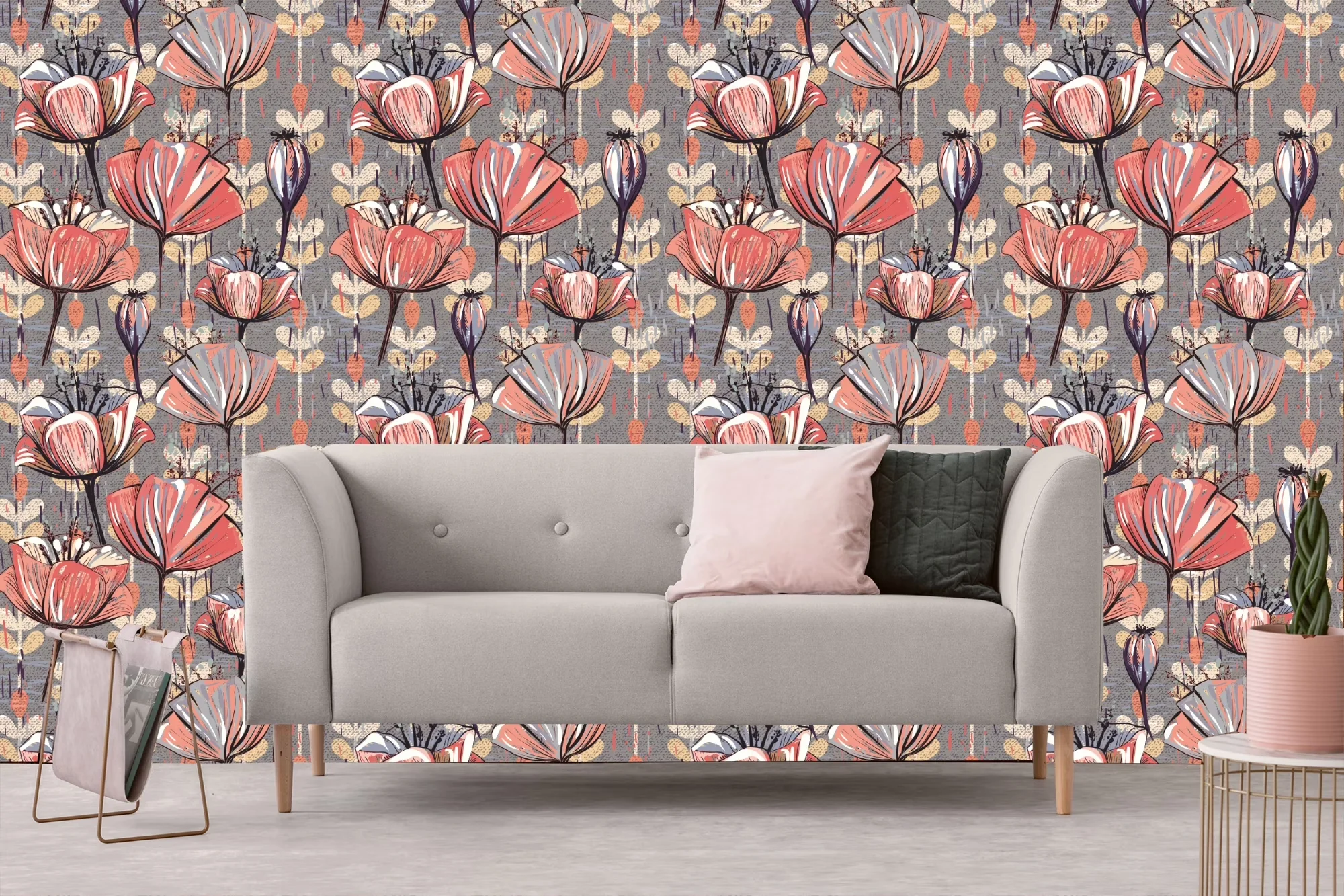 Wallpaper Durable with Removable, Peel and Stick Floral Wallpaper, Temporary Wallpaper - Self Adhesive Vinyl Gray, White, Red Model 5AC31C