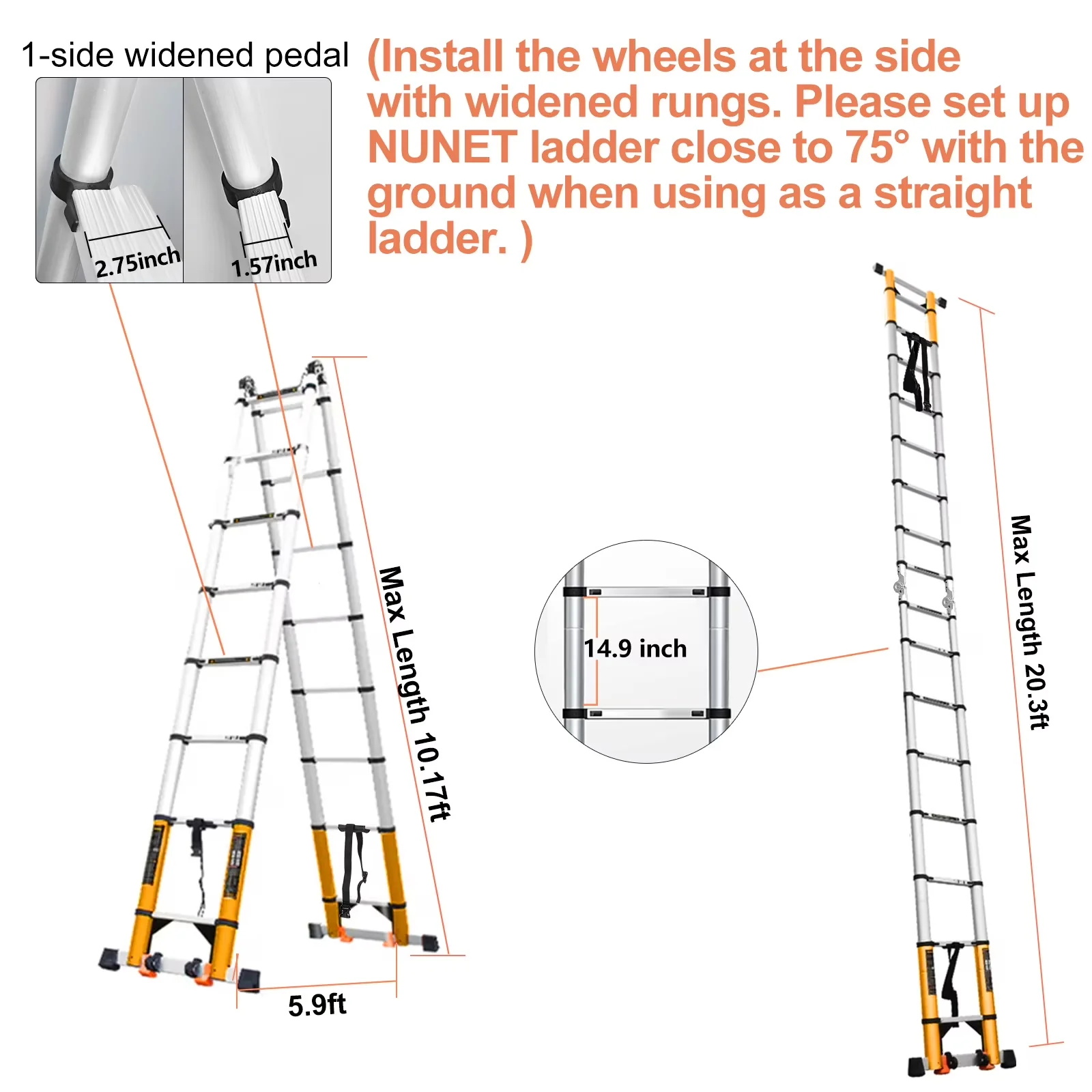 Durable Ladders And Step Stool with Adjustable, Telescoping - Aluminum Silver Model 184BCD