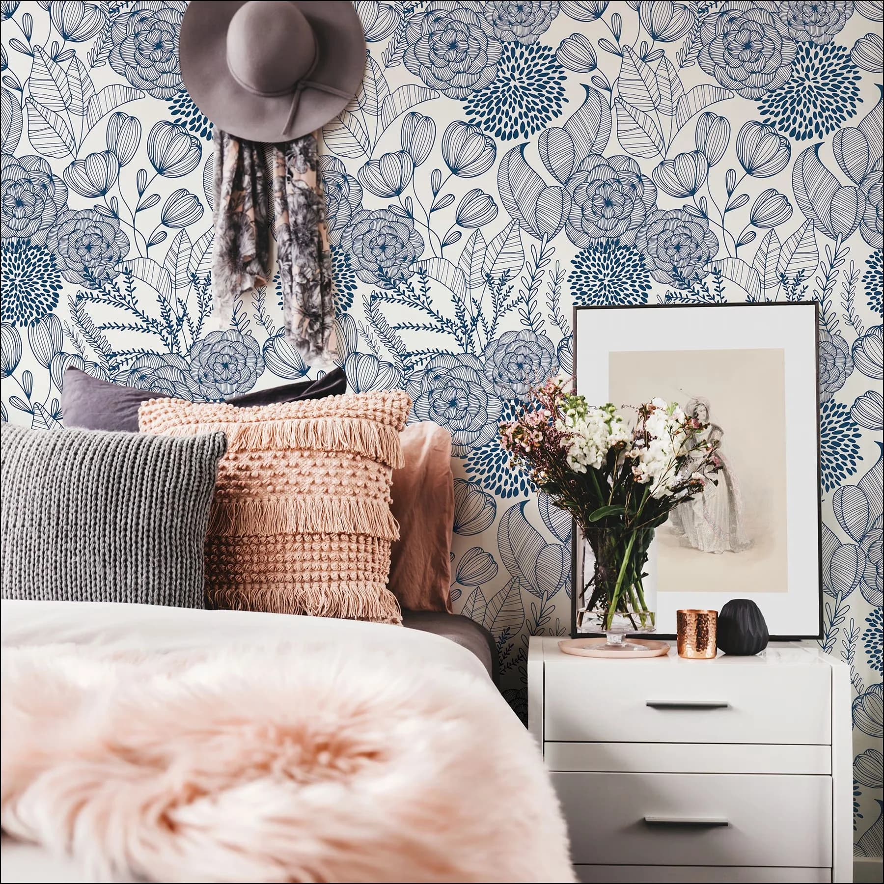 Premium Wallpaper Wall Decals Wall Covering with Removable, Navy floral wallpaper - Vinyl Blue Model C5A153