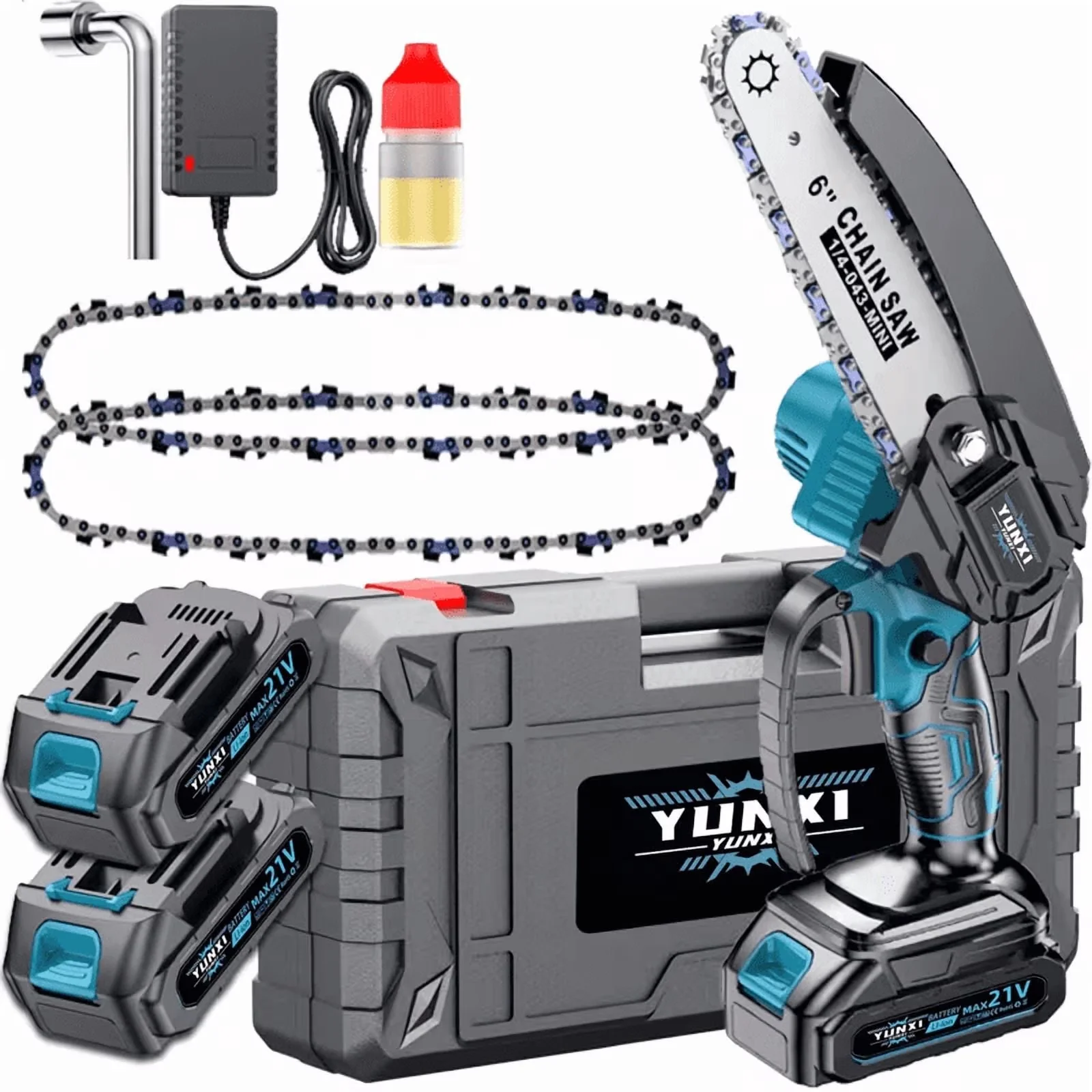 Chainsaw Compact with Battery, 21V, Tool-Less Chain Tensioning - Blue - Industrial Grade Model 45F6ED