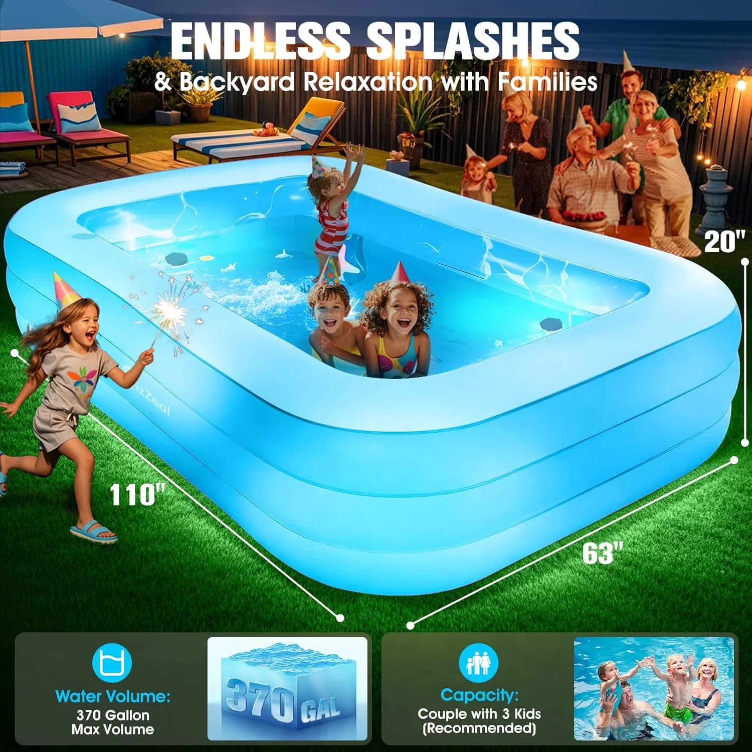 Inflatable Pool Stylish with Puncture Resistant, Seat and Lights - White Model EF4898