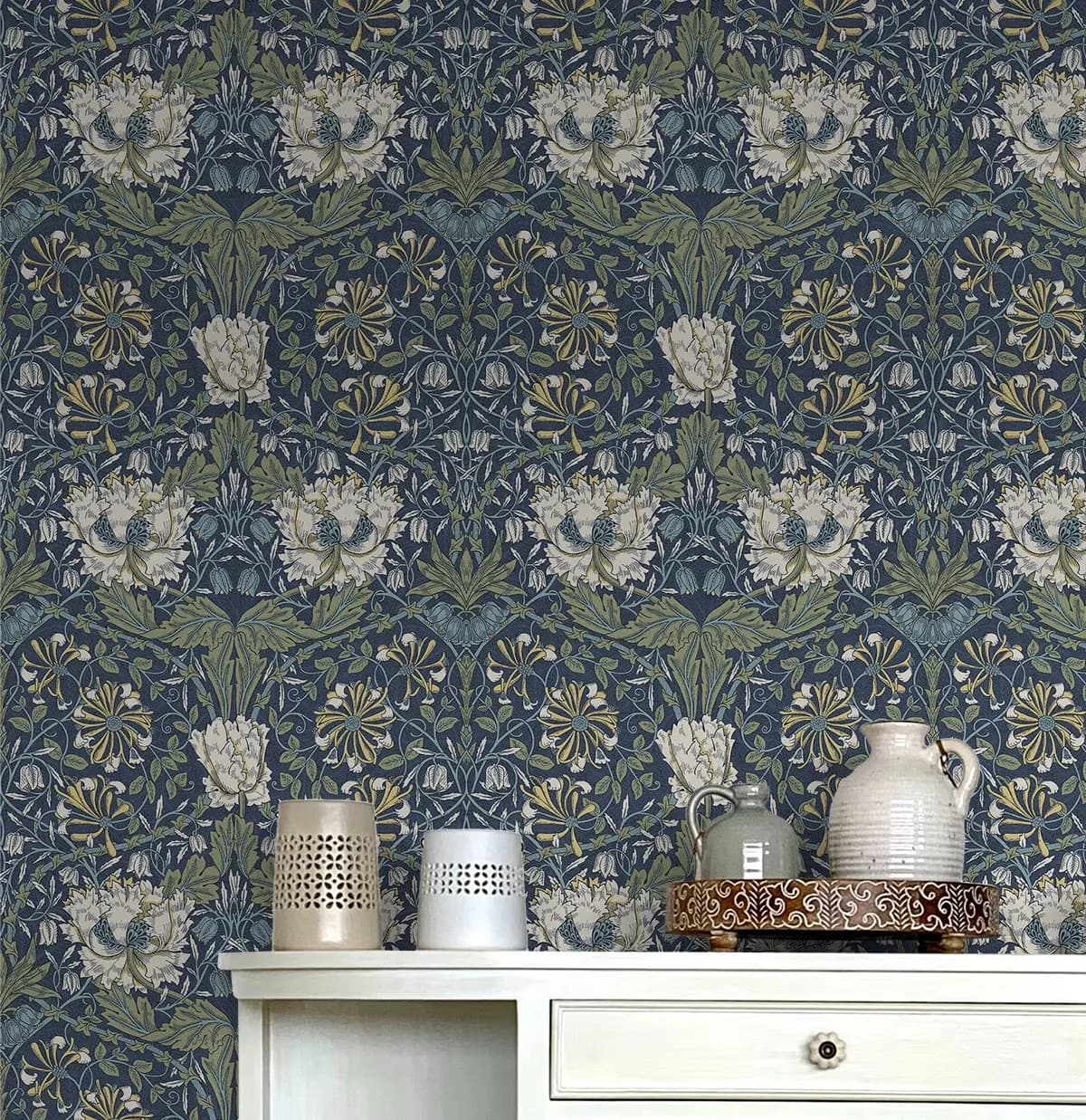 Wallpaper Compact with Removable, Ogee Flora Peel and Stick, 20.9 in. W x 18 ft. L - Self-Adhesive Vinyl Indigo Dye & Sage Model A60A2D