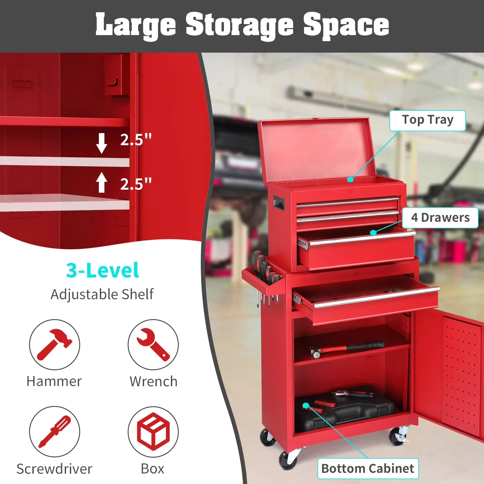 Toolstorage Essential with Carrying Handles, Lockable, Wheeled - Metal Red Model 30A007