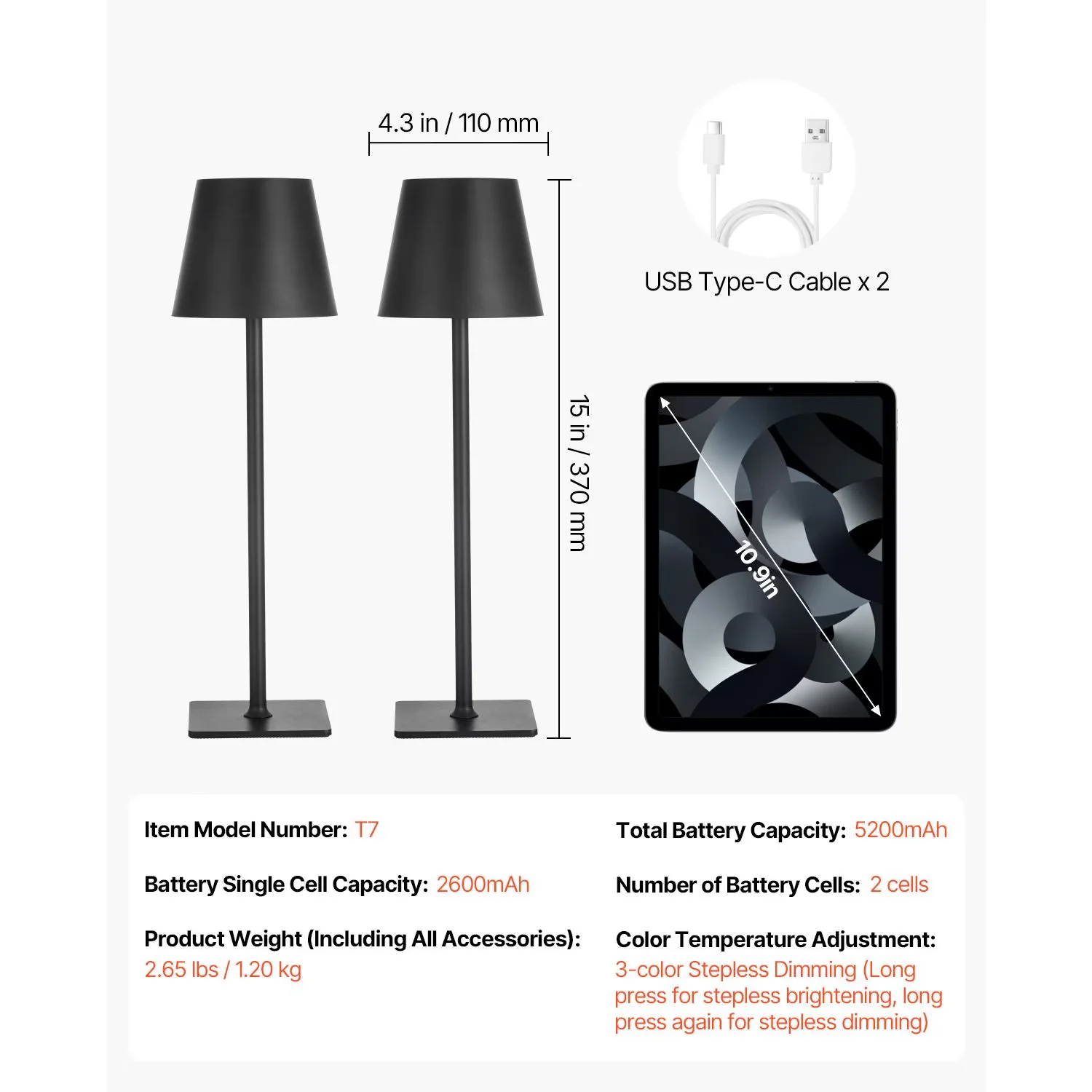 Reliable Desk Lamp with LED, Battery, Black Cordless Table 2-Pack - Black Metal Model 9158A8