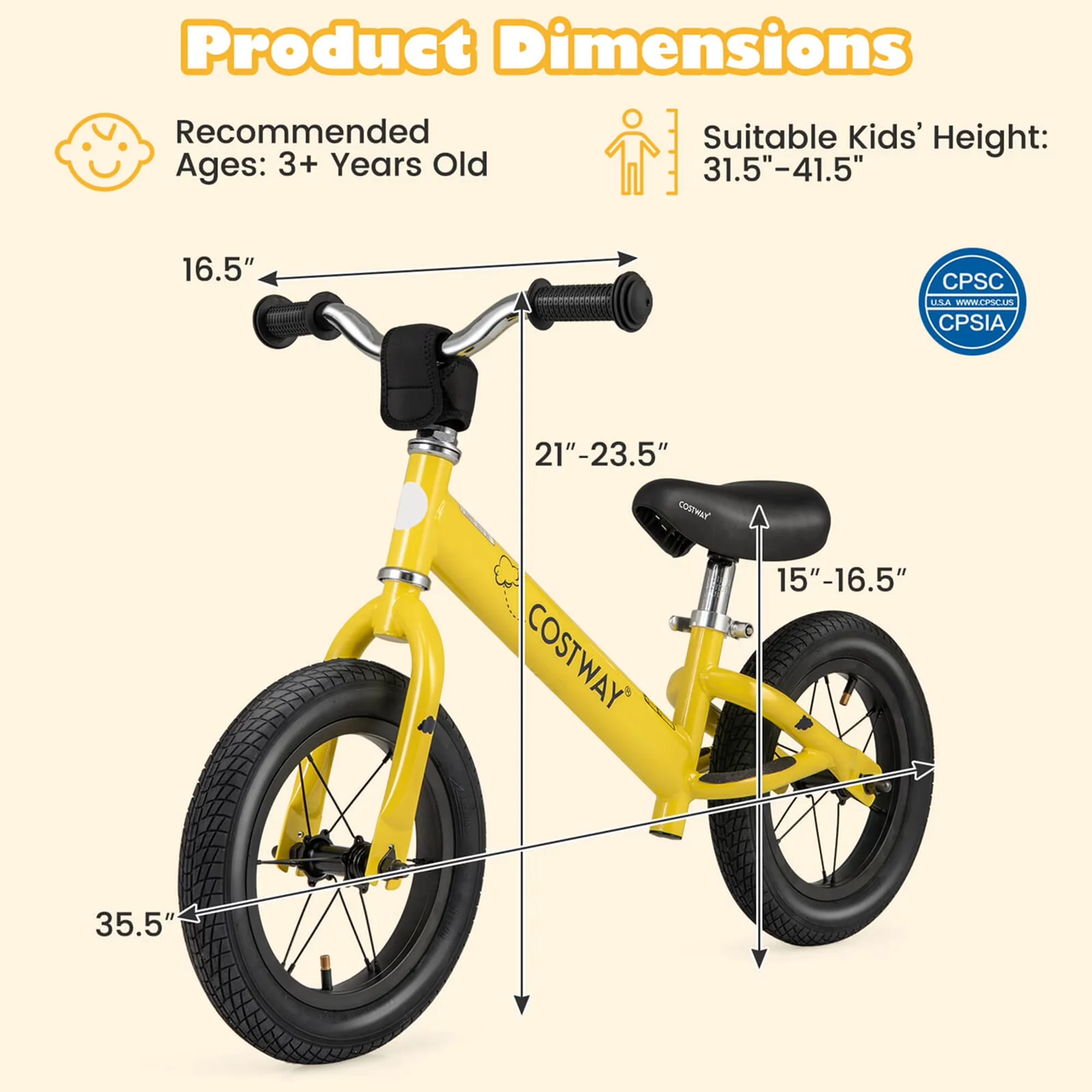 Classic Kids Bike with Adjustable Seat, Inflatable Rubber Tires Yellow - Yellow Model 1BC58C