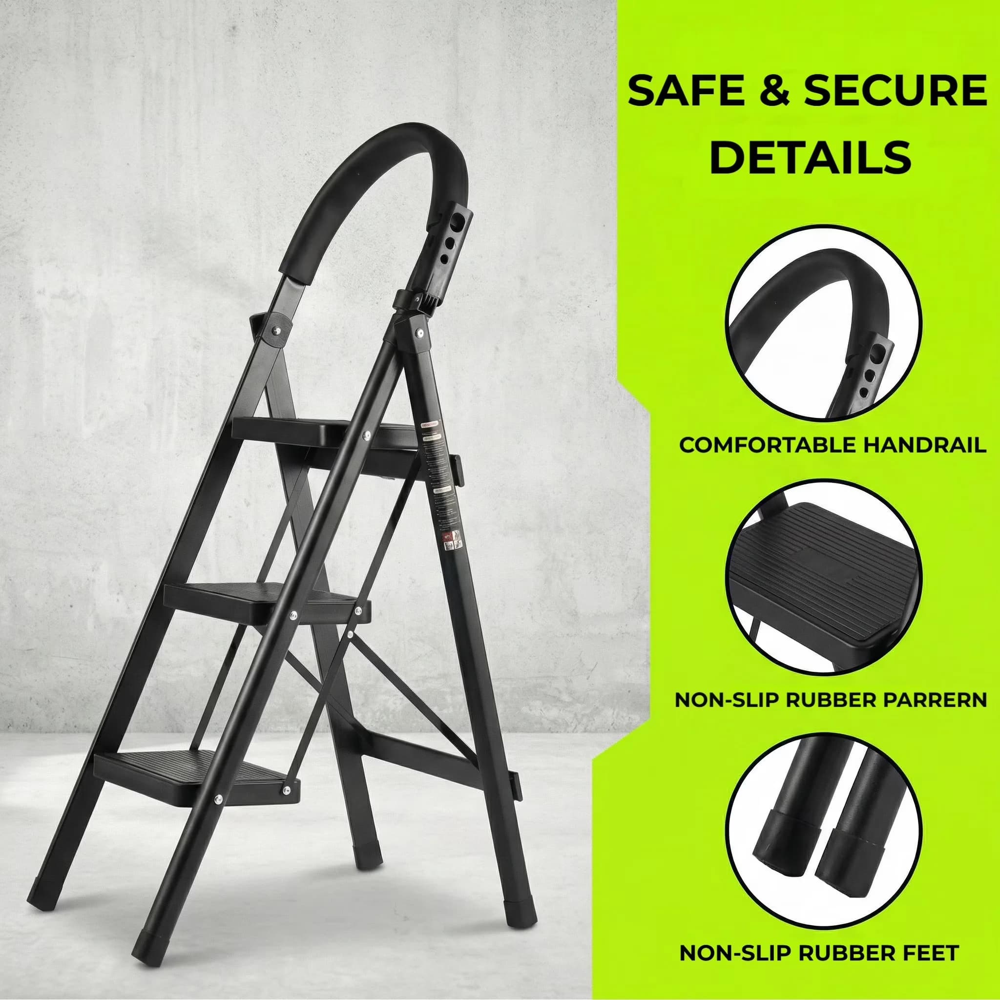 Building Material Essential with Easy To Clean, Collapsible, Padded Handrails - Metal Black Model 84C88A