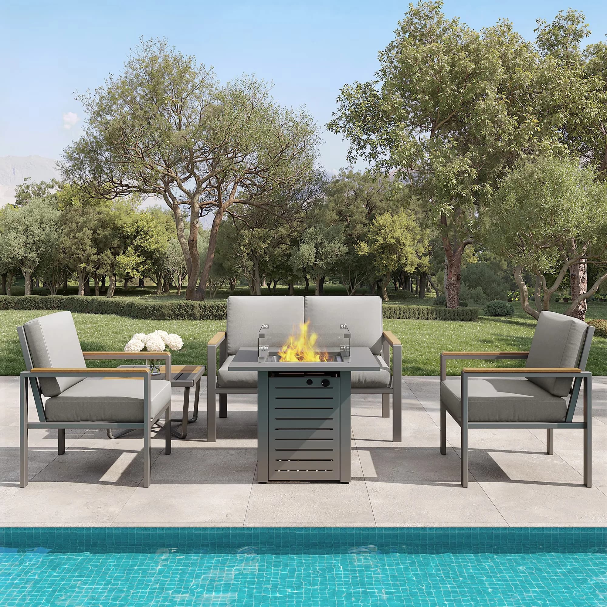 Stylish Patio Conversation Set with Metal Furniture, Gray, 4-Piece Outdoor - Model A25E5A