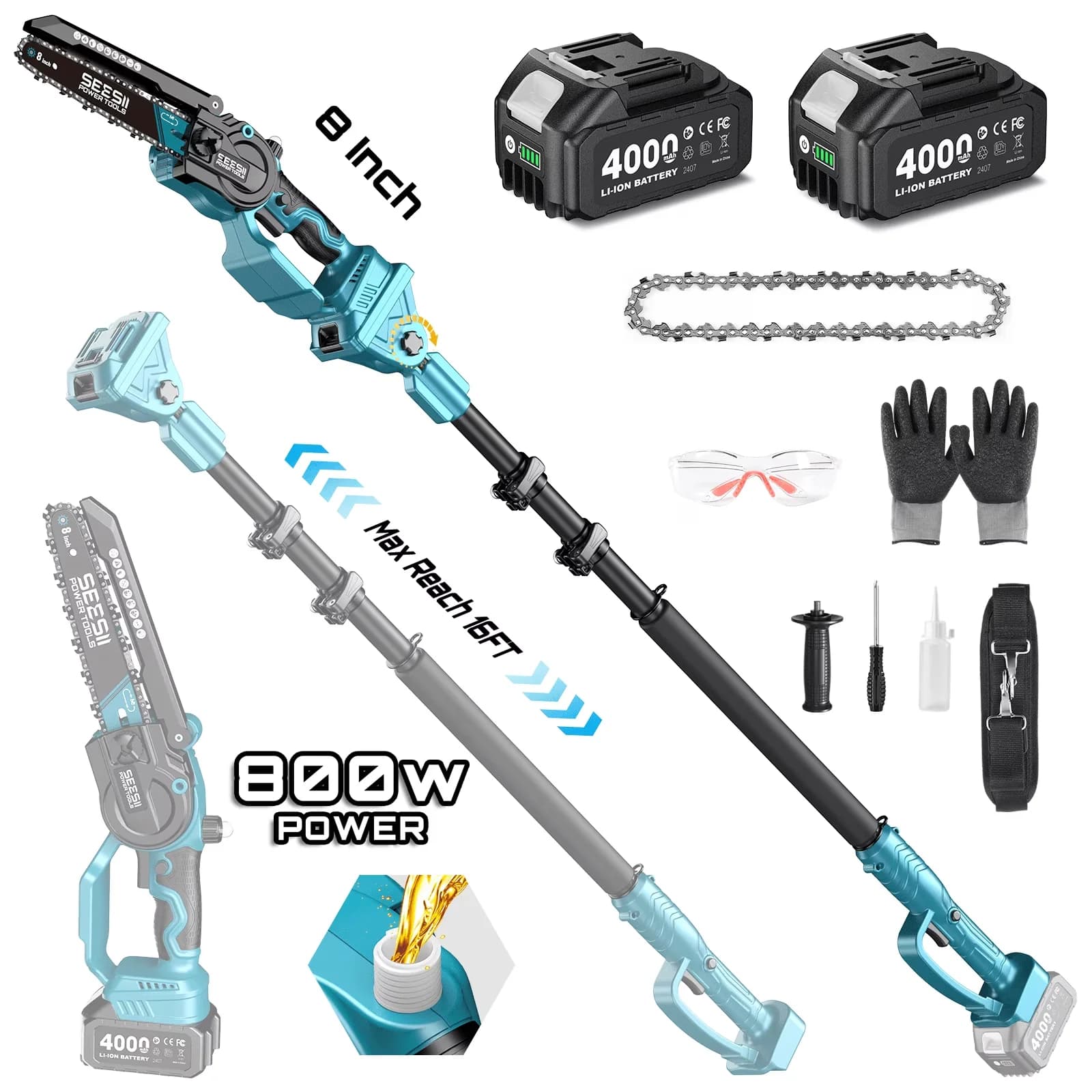 Quality Chainsaw with Battery, Replaceable Cutting Blade, 2 in 1 Cordless 8 inch Pole Saw & Mini - Model E6D310
