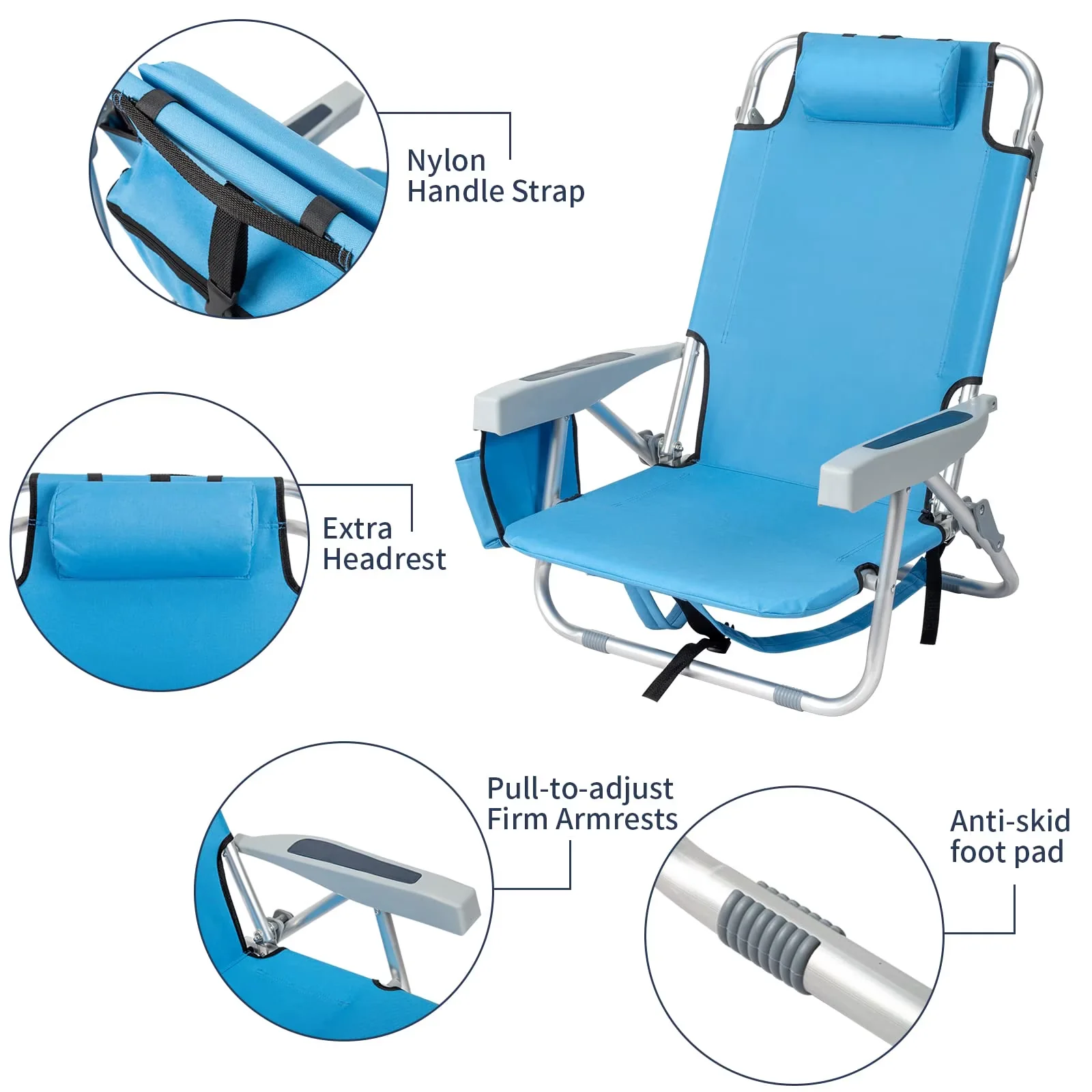 Premium Beach Chair with Waterproof, Adjustable, Folding - Blue Aluminum, 600D Oxford Fabric for Travel, Outdoor Model 3E960C