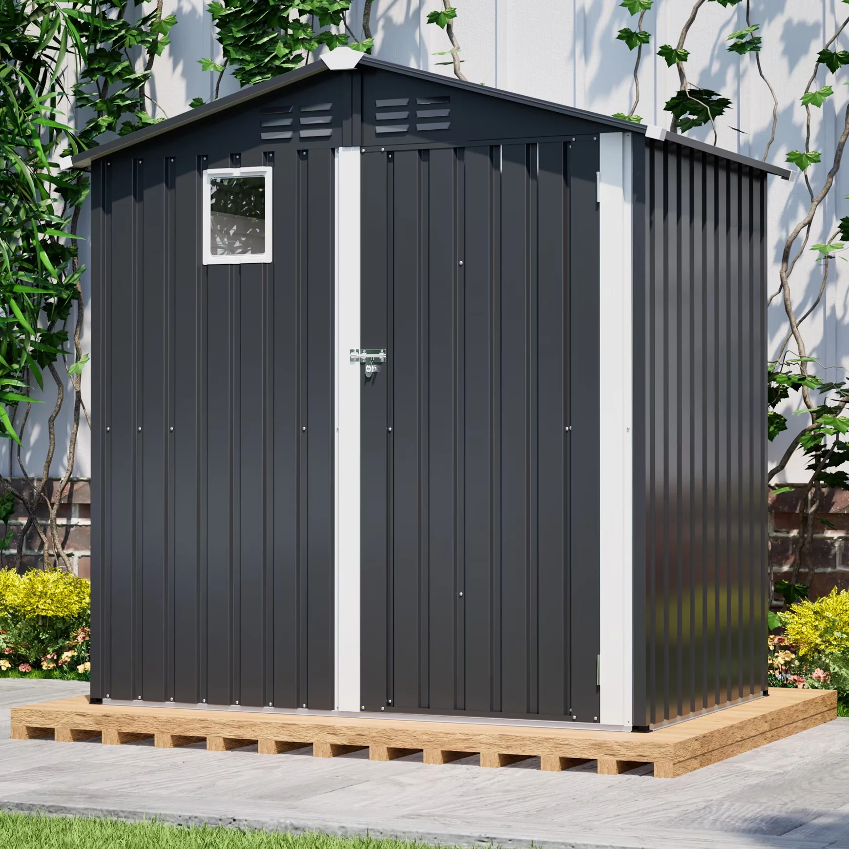 Classic Shed with Rust Resistant, Waterproof, 6FT x 4FT Outdoor Garden - Steel Black for Patio Model 068FBB