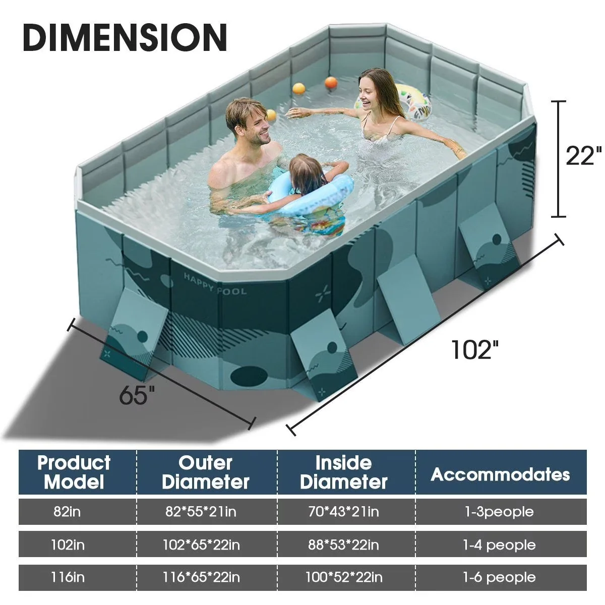 Inflatable Pool Compact with Uv Resistant, Puncture Resistant, 102"Foldable Non-Inflatable Swimming - Model 273F3D