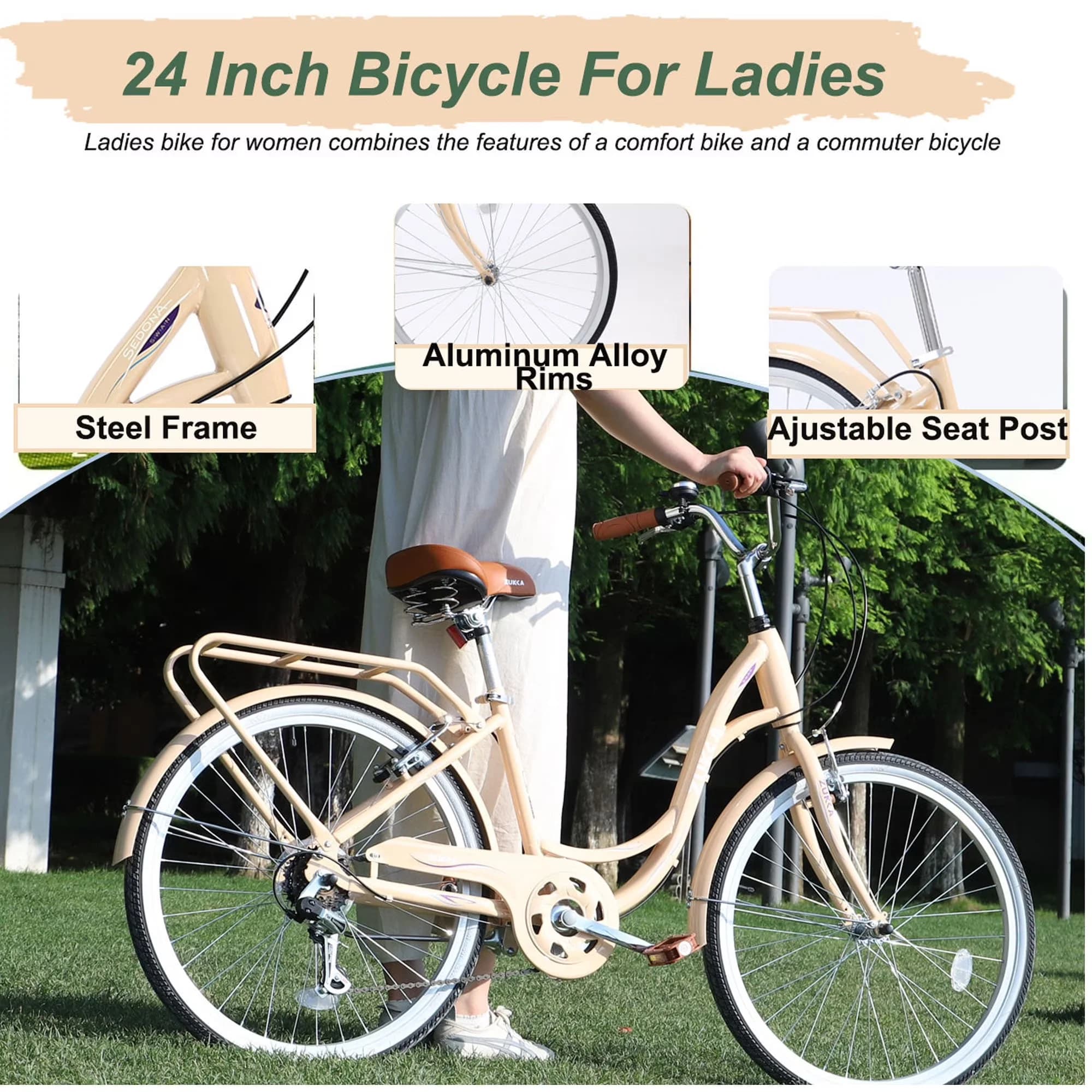 Cruiser Bike Stylish with Adjustable Speed, Lightweight, Adjustable Seat Height - Beige Model DD68A8