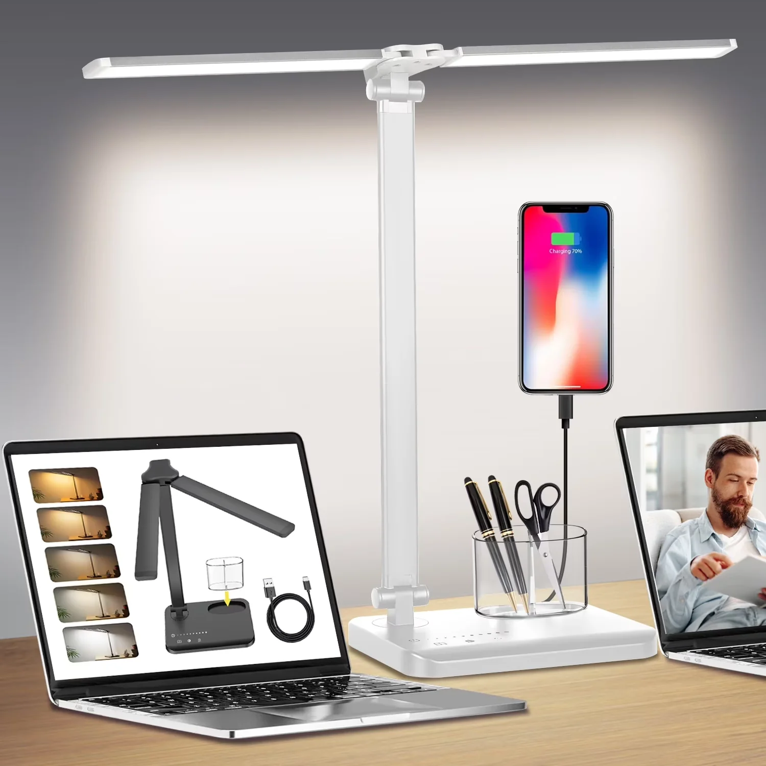 Desk Lamp Modern with LED, Adjustable Head, Energy Efficient - Silver Aluminum Alloy, Abs for Home Office, Dorm Model F15FEB
