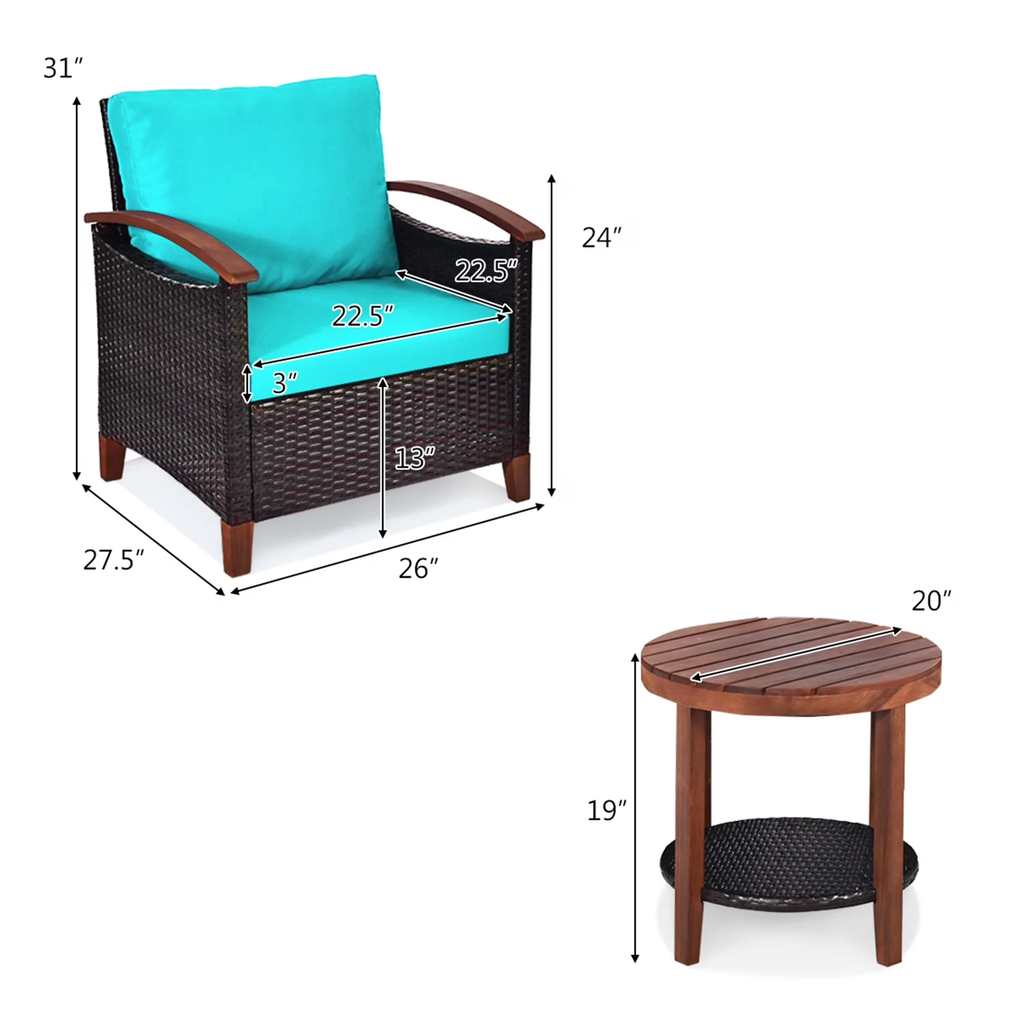 Professional Patio Conversation Set with Weatherproof, Storage, Collapsible - Rattan Turquoise Model 8A1994