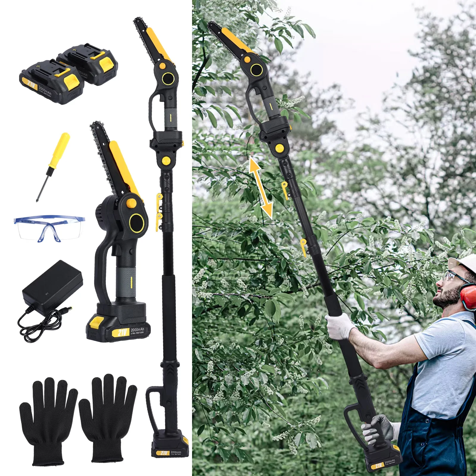 Classic Pole Saw with Battery, 6 Inch Brushless Chainsaw, 2 x 2.0Ah Batteries - Yellow Model 38E374