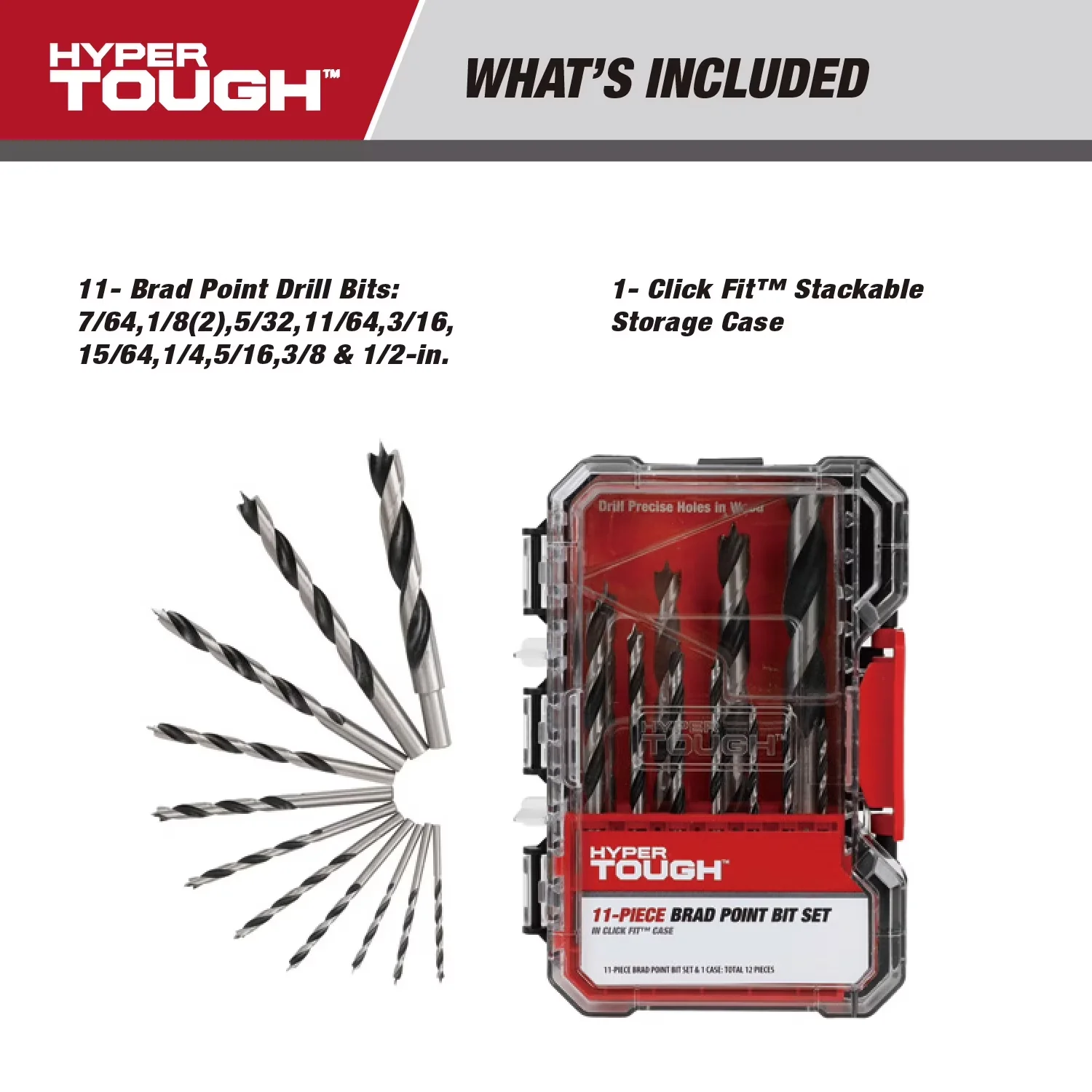 Power Tool Classic with Lockable, Portable, 11-piece brad point drill bit set - Steel 1/2-inch Model B0A56C