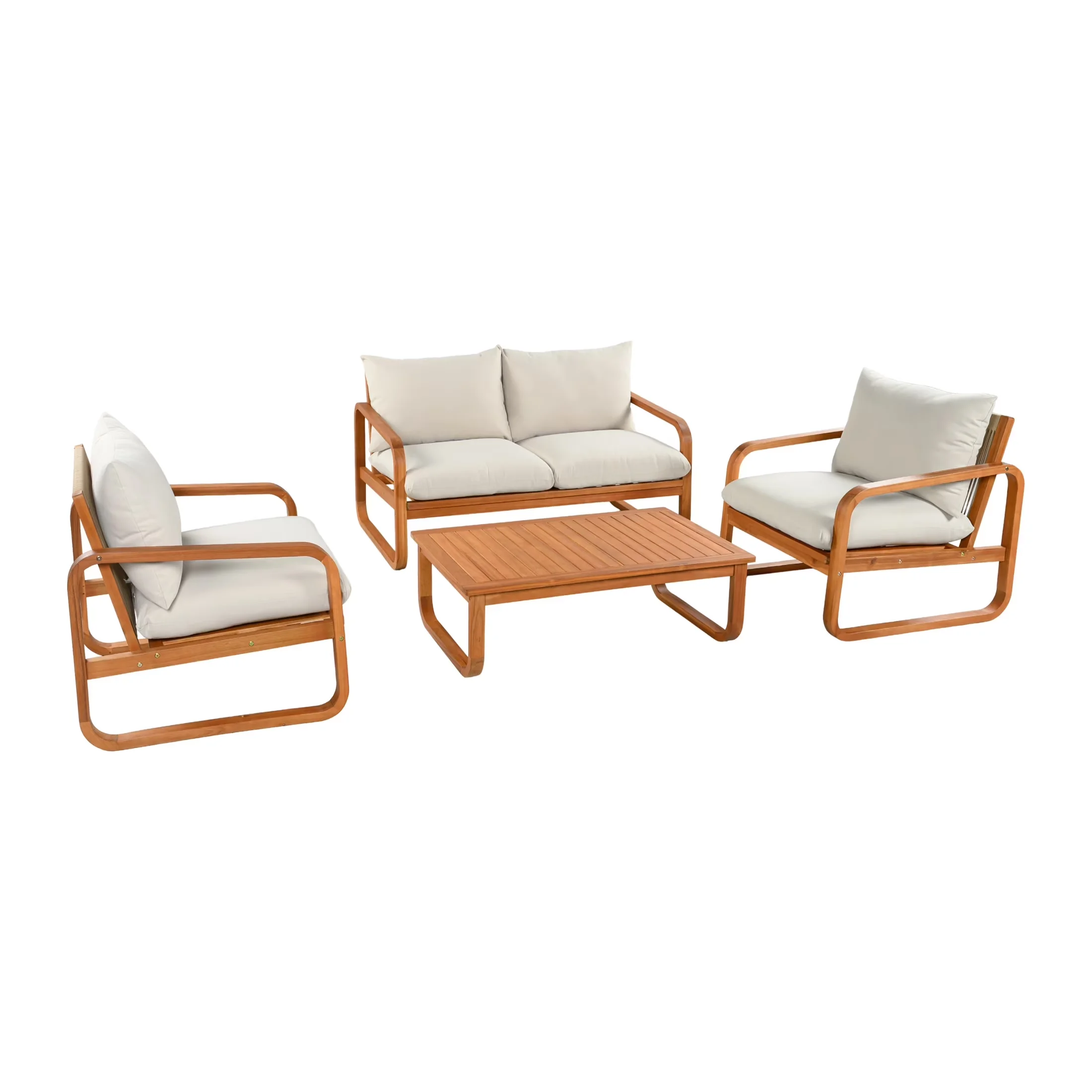 Classic Patio Conversation Set with Weatherproof, Thick Cushions, Beige+Natural - Natural Finish + Beige Cushion Acacia Wood + Water... Model B93A0D