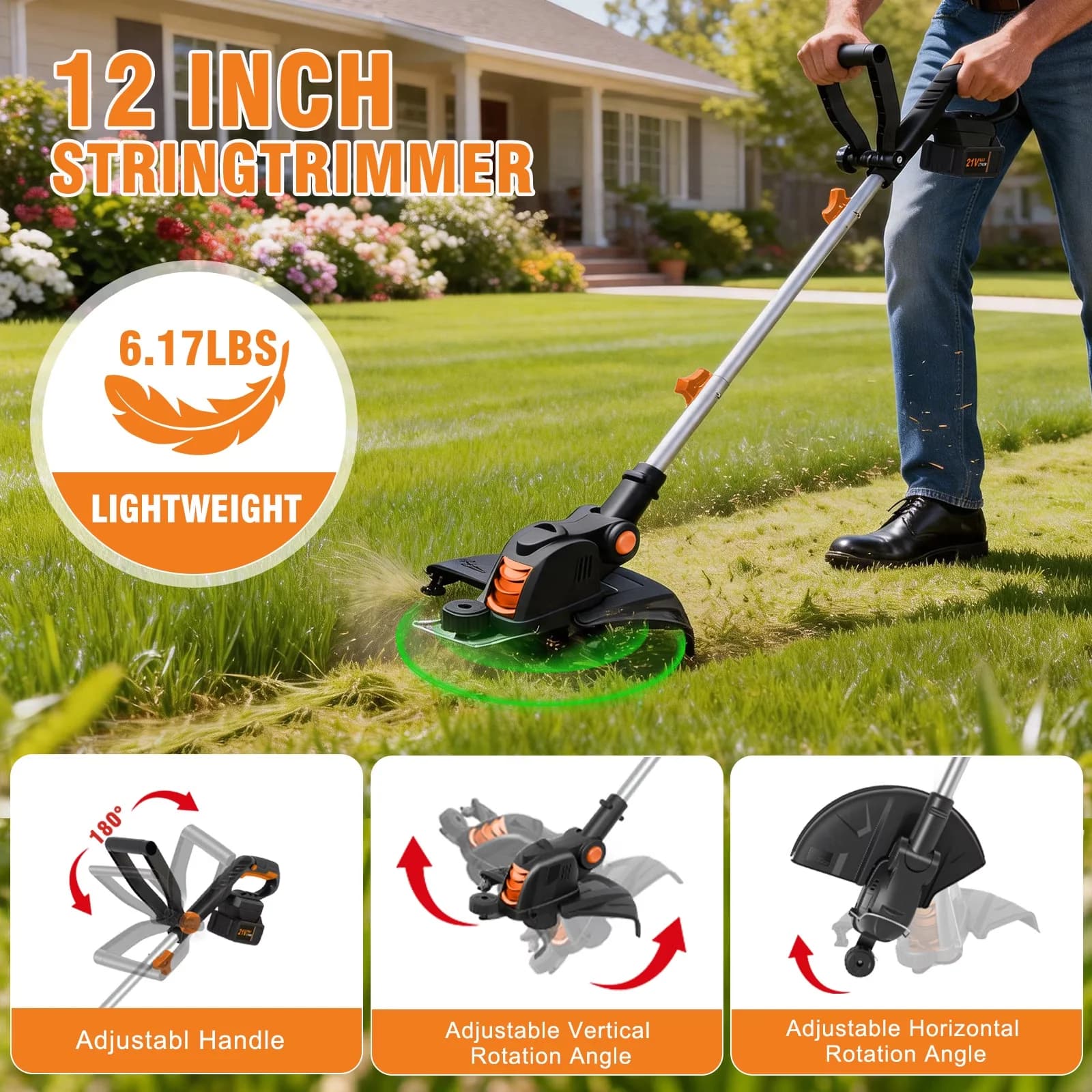 Premium String Trimmer with Battery, Automatic Line Feed, 4AH Cordless - Orange Model CE4D1F