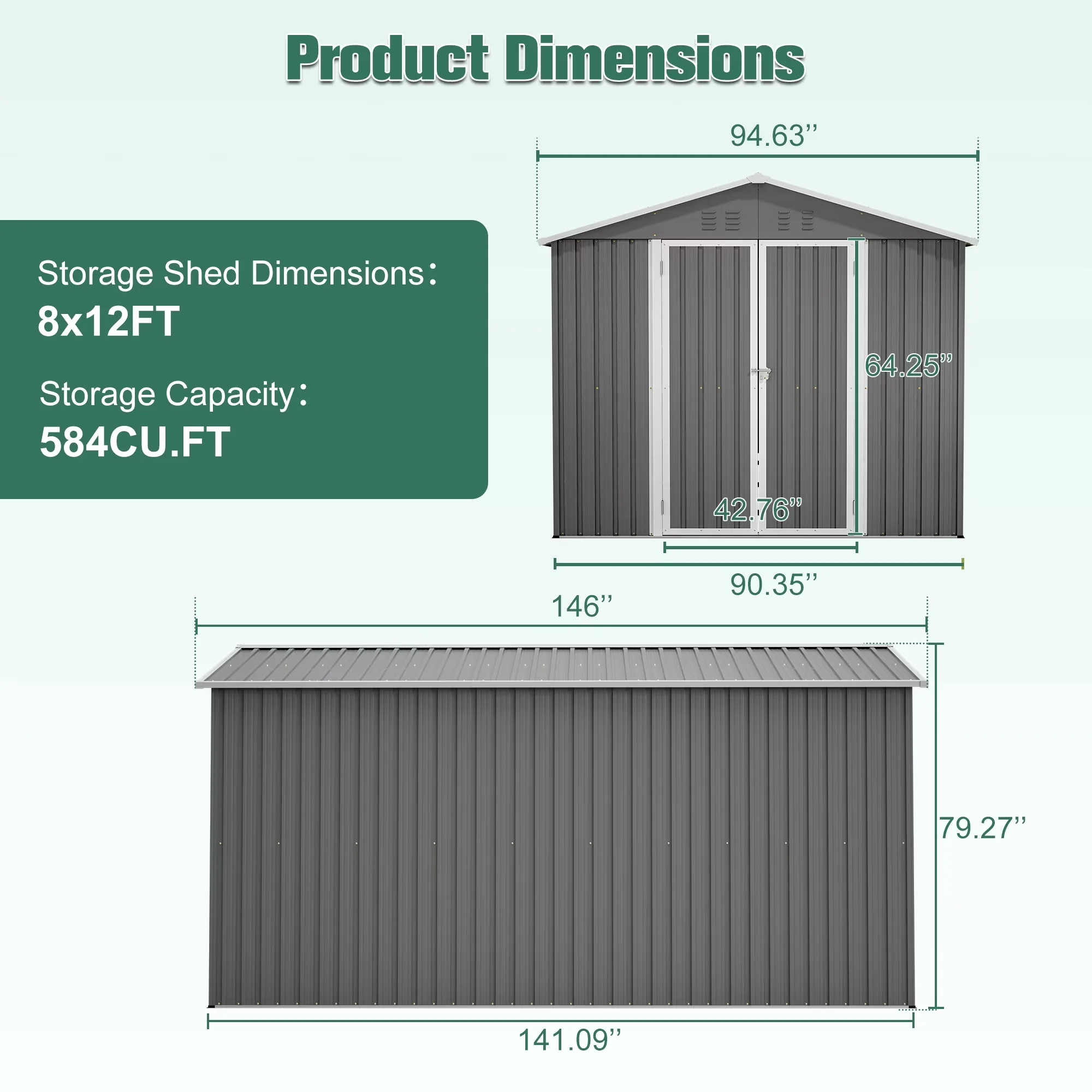 Premium Shed with Waterproof, Wall Height: 62.45", Metal Garden Tool - Gray 8' x 12' Model B73A86