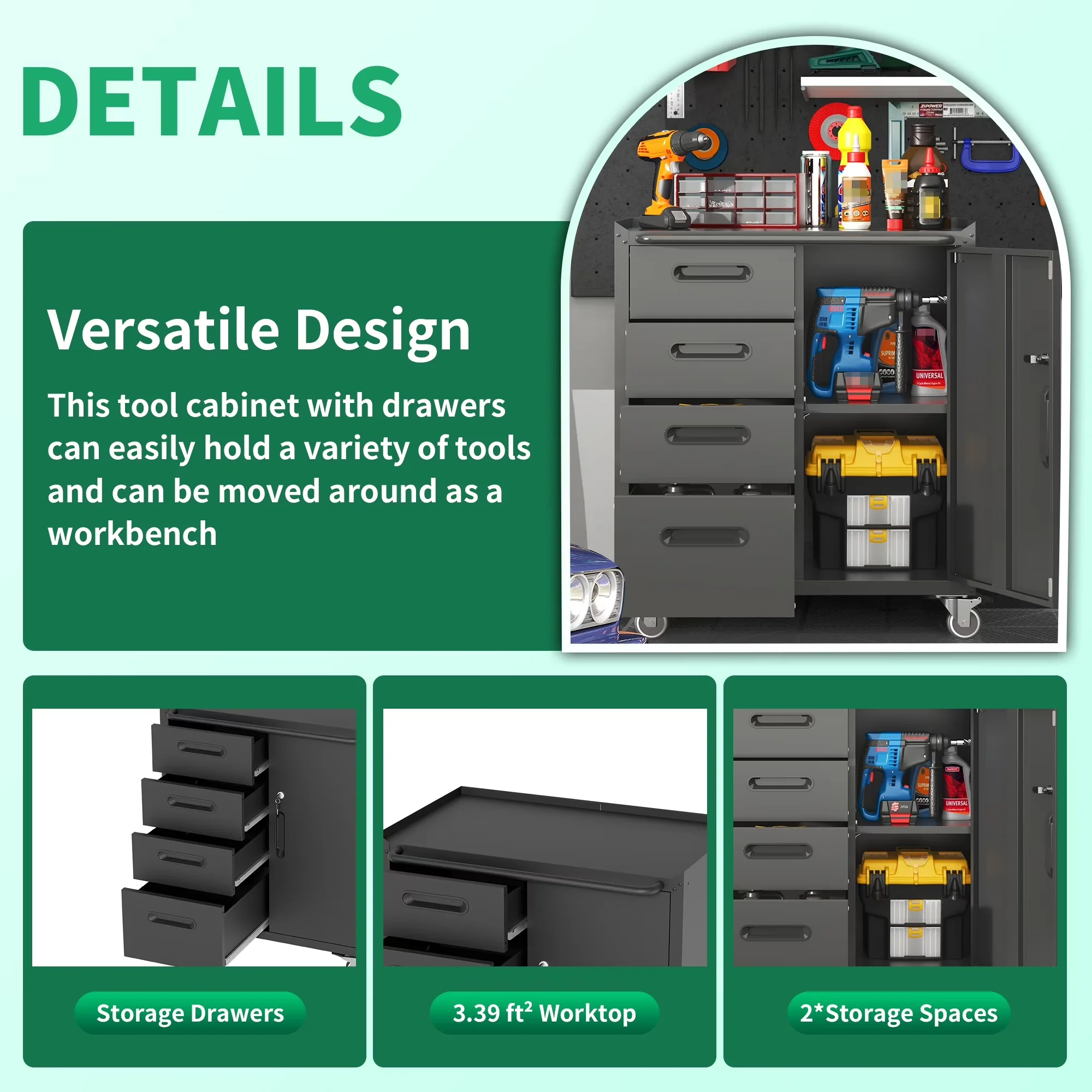 Modern Toolstorage with Lockable, Lockable Wheels - Metal Black for Garage Model E23D77