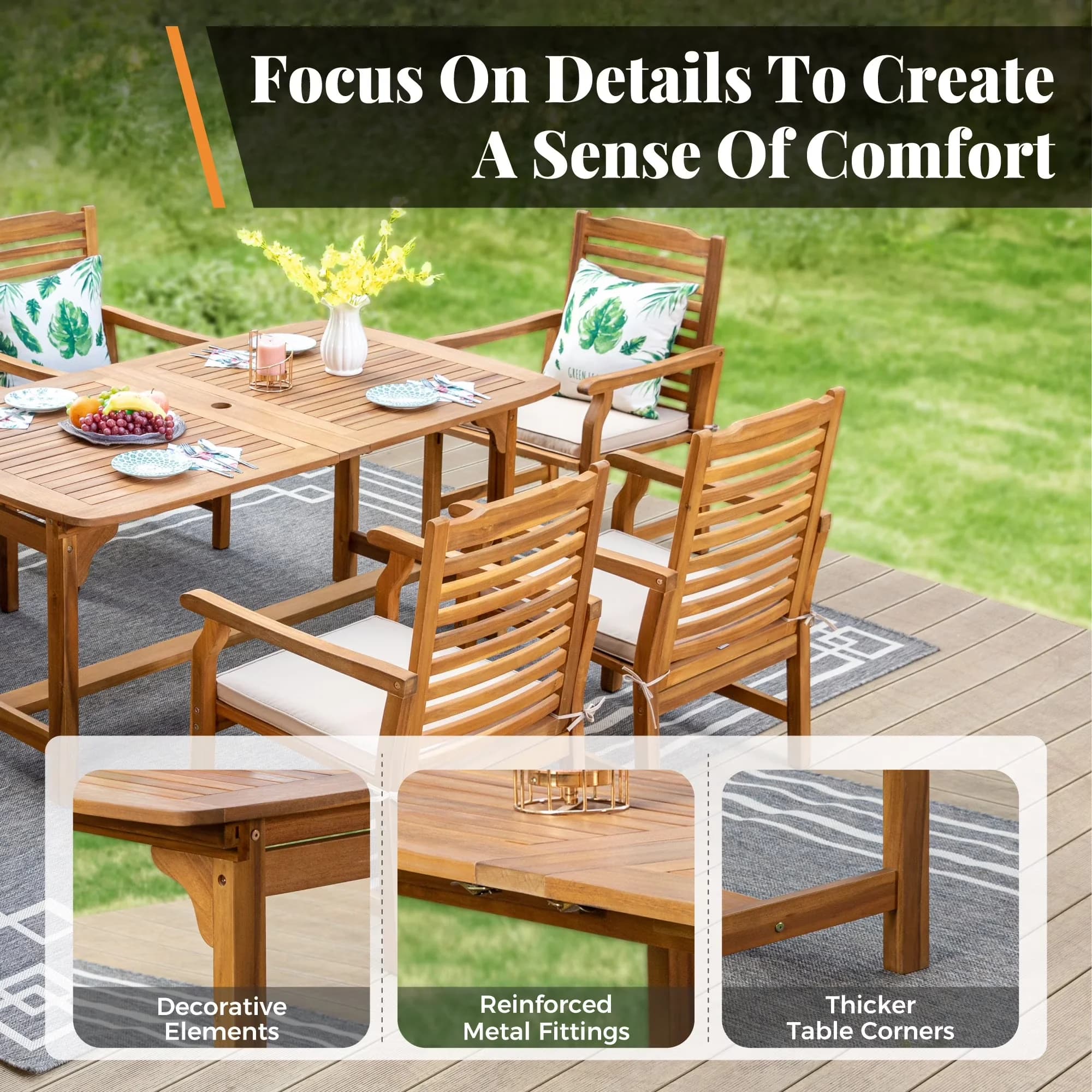 Premium Patio Dining Set with Modern, 8 Wooden Chairs - Off-White Acacia Wood Model D74997