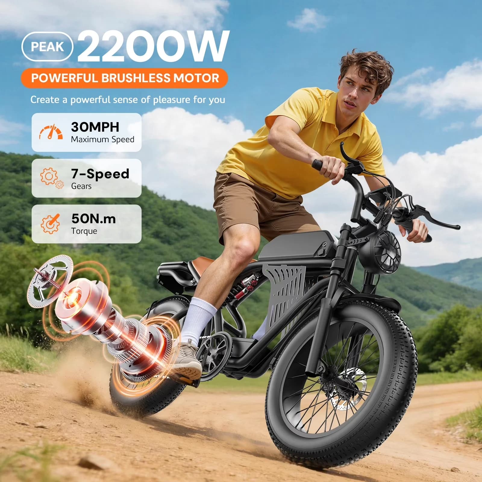 Professional Electric Bike with Battery, 2200W, 48V - Black - Easy to Use Model 66BF20