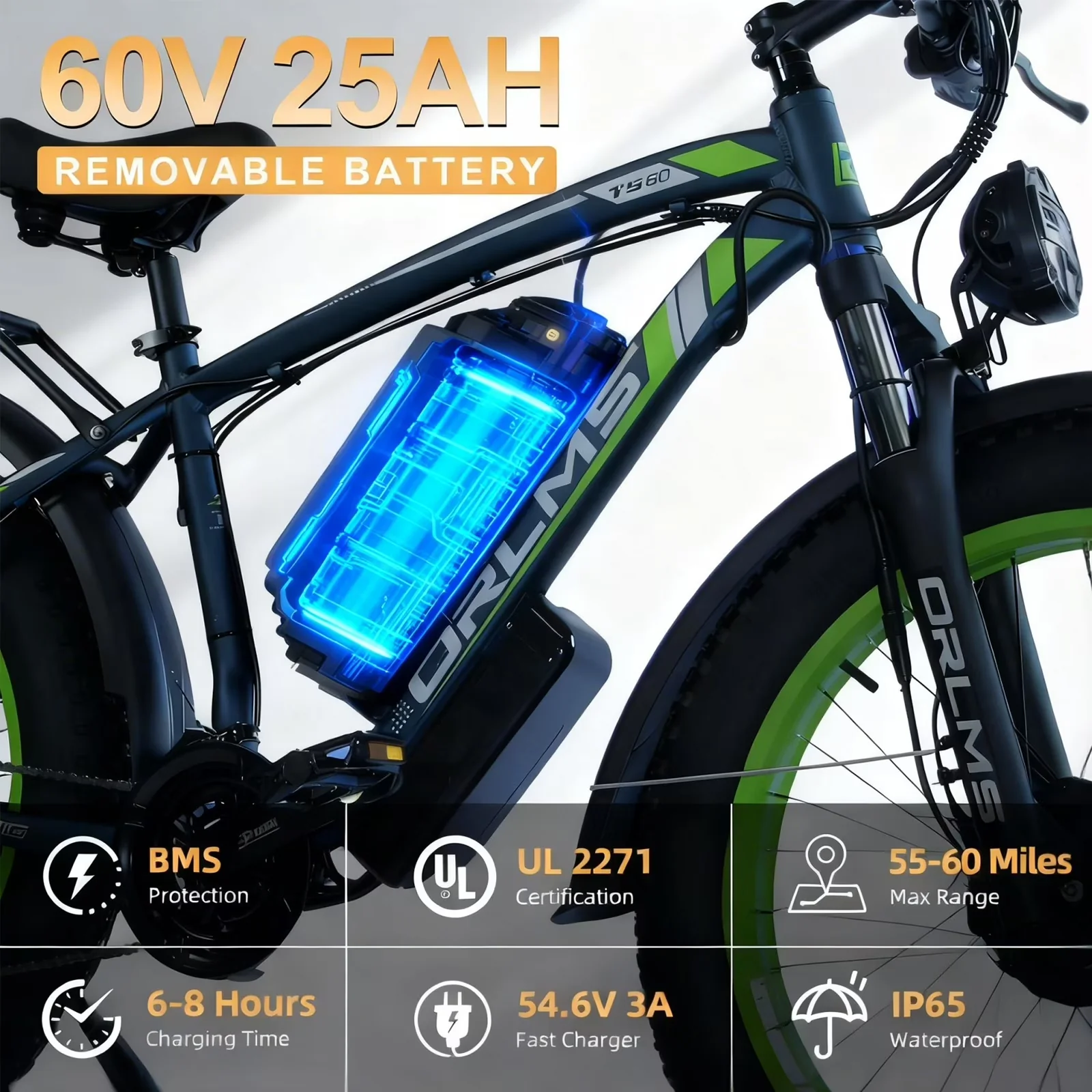 Sleek Electric Bike with Battery, 5000W, 5000W Peak Dual Motor E-Bike - Yellow Model D24E67