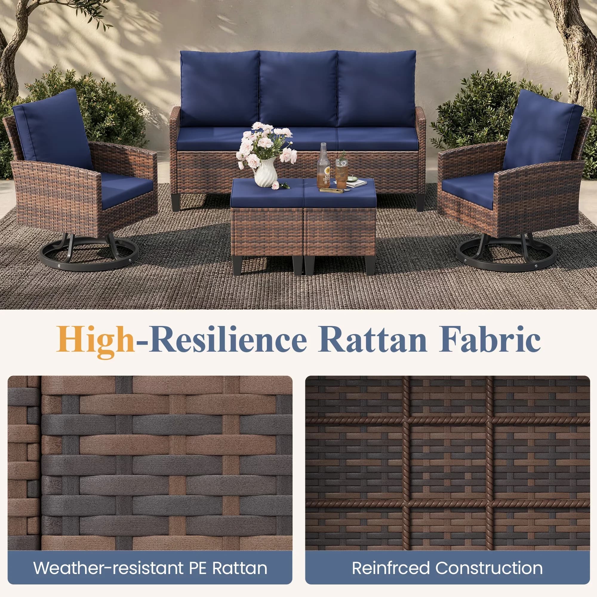 Stylish Patio Conversation Set with Weatherproof, Swivel Chairs and ottomans - Metal Brown Model DC5835