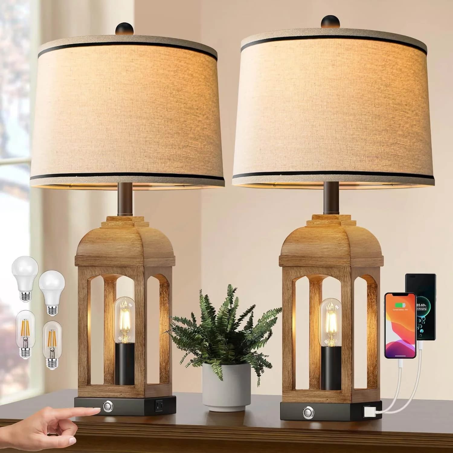 Lamp Set Classic with 26 Tall Bedside Lamps, 3-Way Dimmable Touch Control, Farmhouse Table of 2 - Metal Multicolor Model BBD9FA