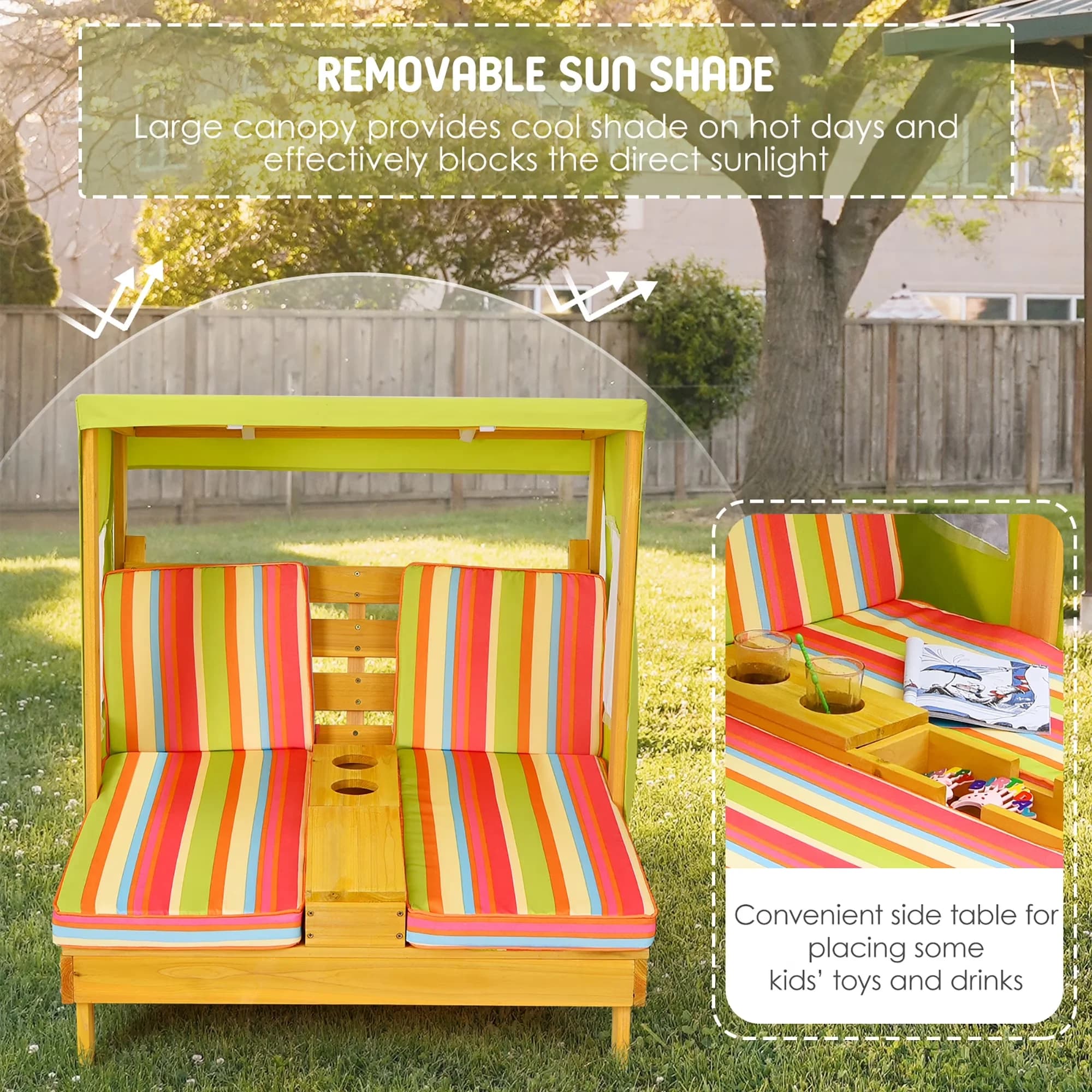 Patio Chair Essential with Canopy, Kids Double Chaise Lounge Lounge, Cup Holders & Awning Colorful - Fir Wood, Fabric, Sponge Model CC3282