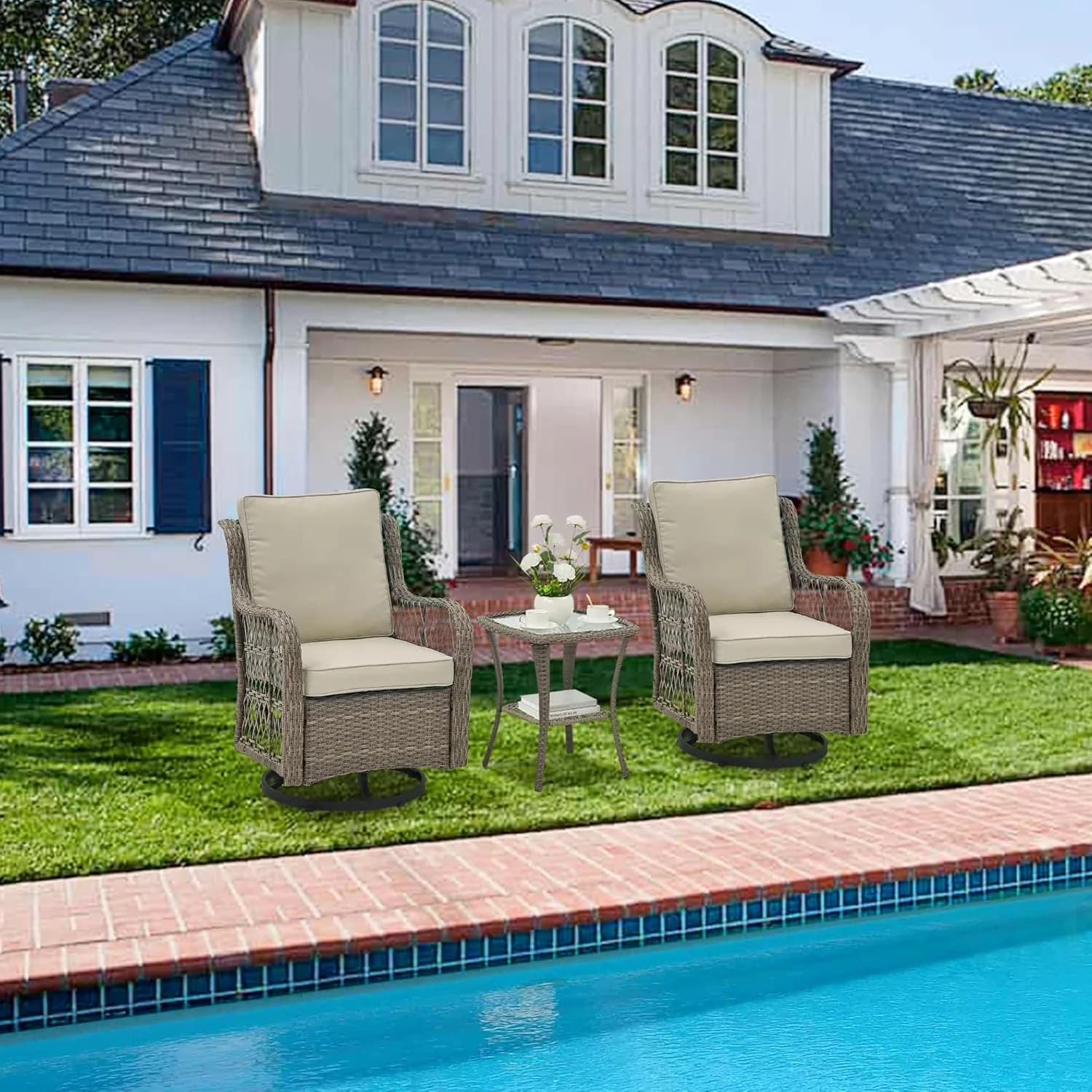 Classic Patio Chair with 2 Outdoor Glider Chairs, Rattan Side Table, 3-Piece Wicker Swivel Rocker Set - Gray Model 4F311D