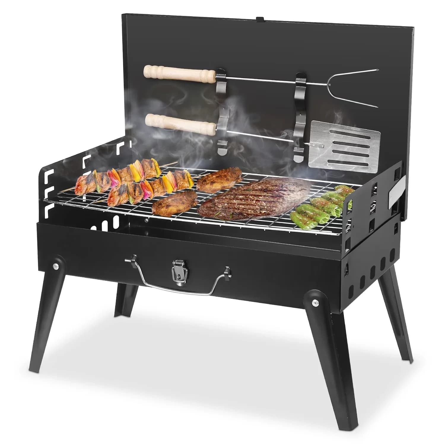 Flat Top Grill Modern with Portable, Portable Charcoal Foldable BBQ Suitcase - Black Iron|Chrome And Processing Electrophoresis... Model FF28B0