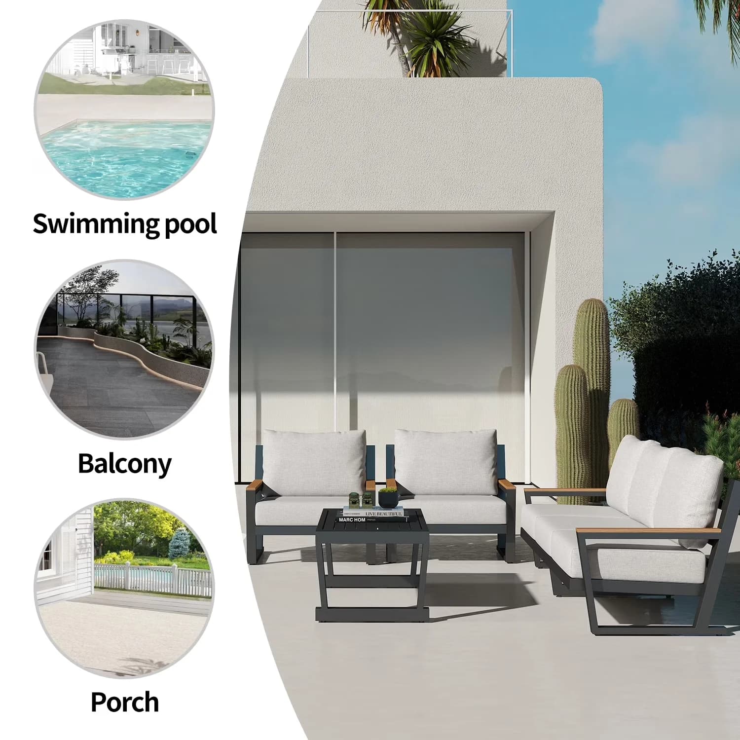 Classic Patio Conversation Set with Aluminum Outdoor Sofa, Sectional Sofa, Upgraded Washable Cushions - Gray Aluminum, Olefin for Garden Model 03BA91