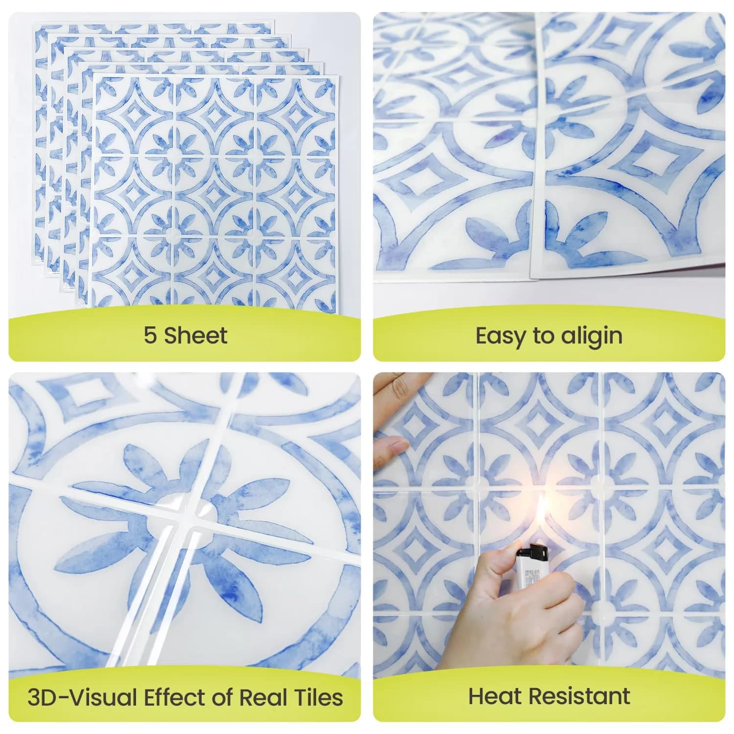 Stylish Wallpaper Wall Decals Wall Covering with Easy Installation, 5 Sheets Peel and Stick Backsplash Tile - Abs Blue Model C45DAC