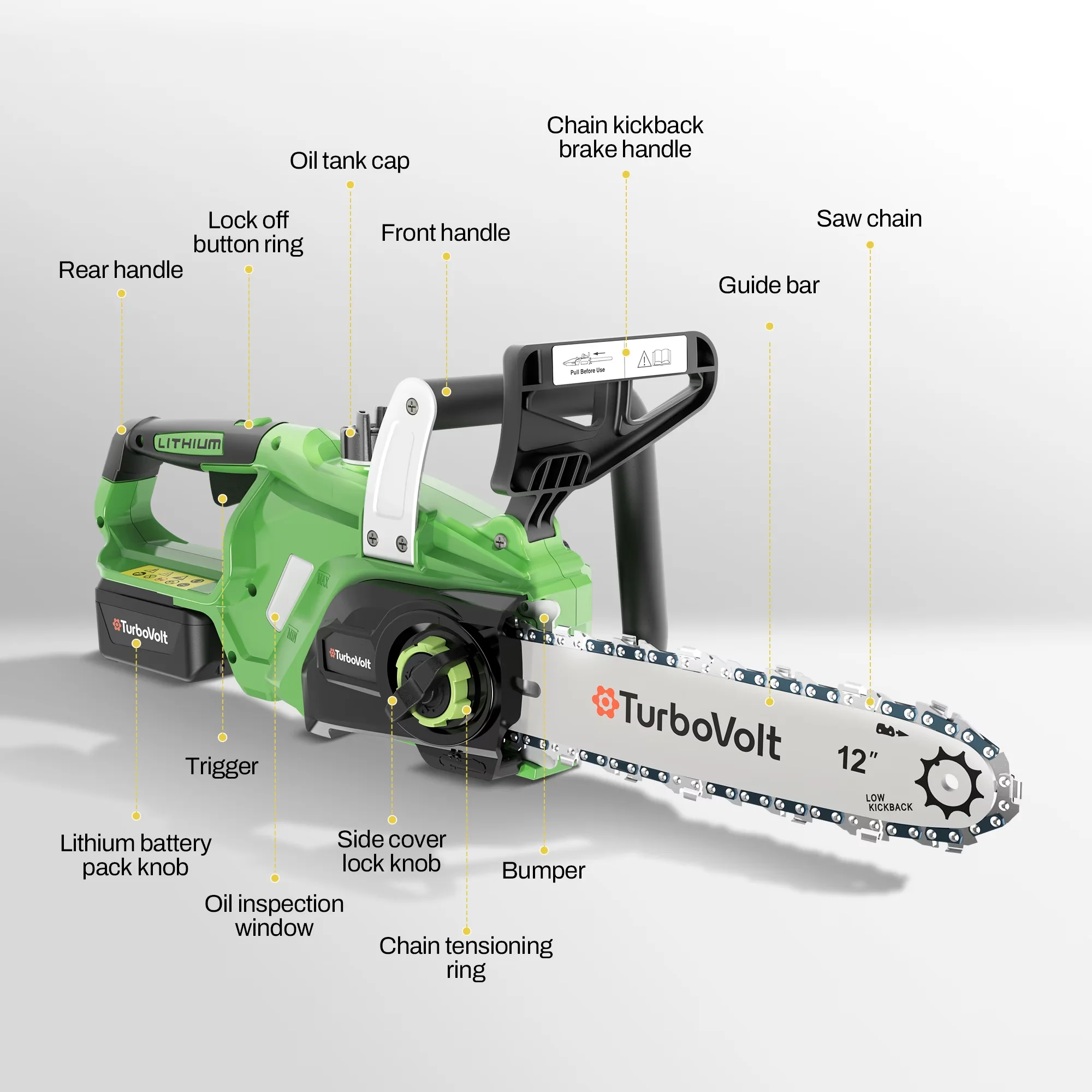Chainsaw Innovative with Battery, 20V, Tool-Less Chain Tensioning - Green for Garden Model E7290B