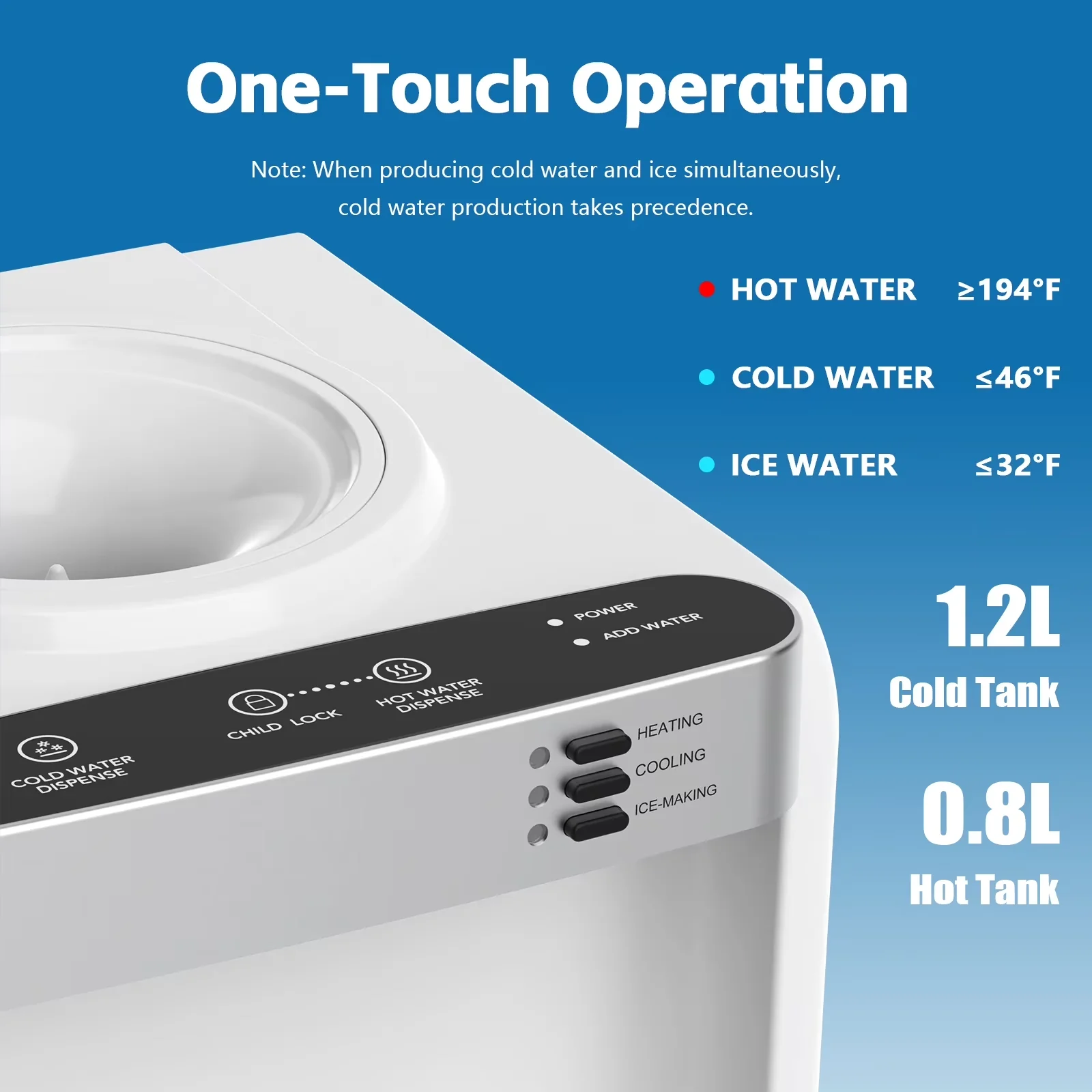 Premium Water Filtration with Child Safely Lock, Ice Maker - White Abs, Stainless Steel for Home Office Model DD2A64
