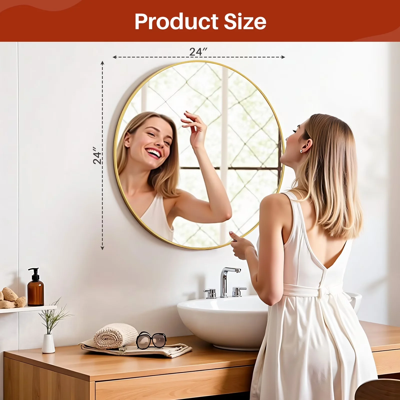 Quality Bathroom Renovation with Art Deco, Hooks, 20 inch Circle Wall Round Mirror - Gold 20" x 20" for Living Room, Bathroom Model 4CDBE1