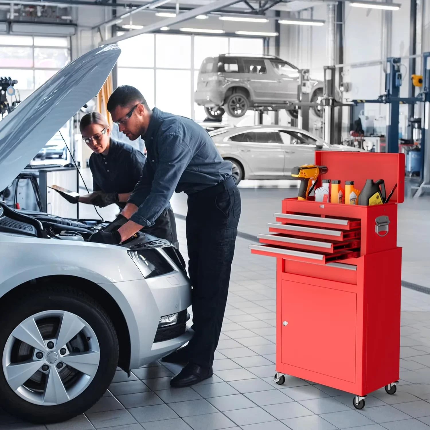 Professional Toolstorage with Lockable, Wheels, Red - Red Metal Drawer Model CC726F