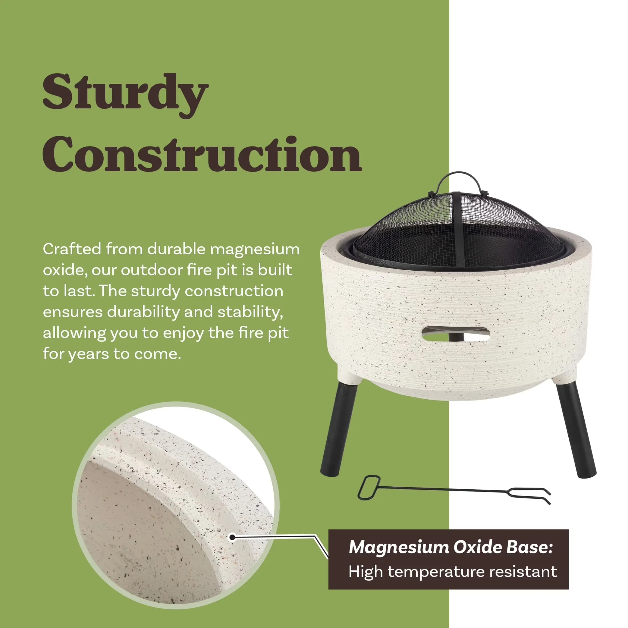 Efficient Outdoor Heating with Weatherproof, 21” Round Fire Pit, COLOR - Light Gray. - Magnesium Oxide Fire Pit +Mesh Screen Cover+... Model 310653